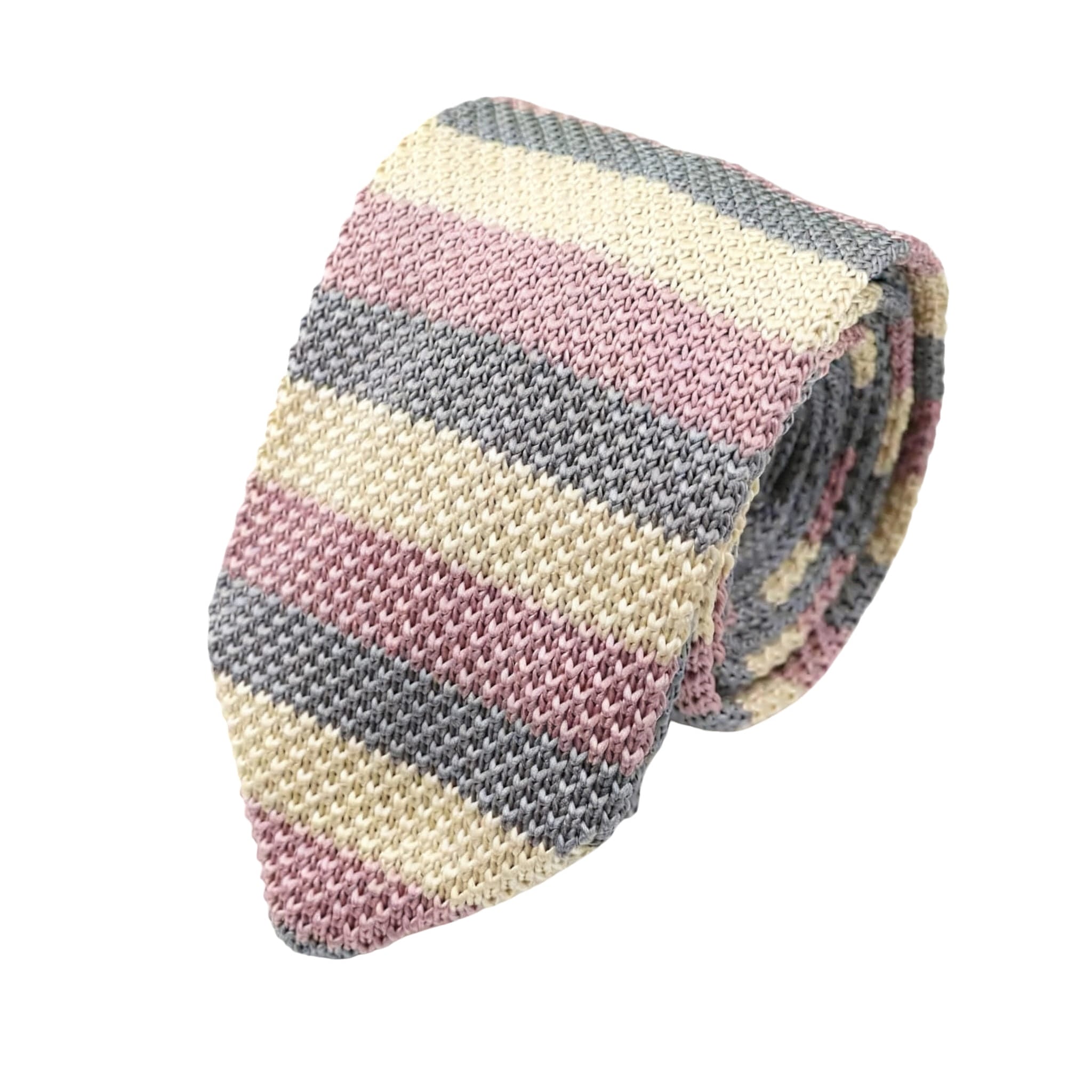 Beige Pink Gray Stripe Knitted Necktie