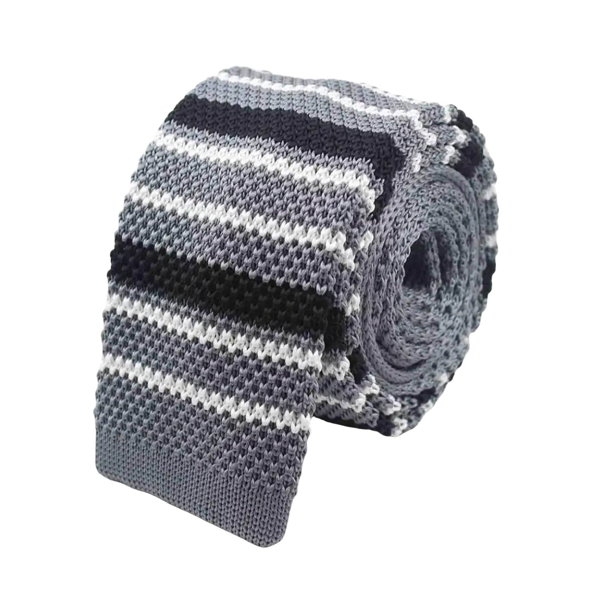 Gray Black White Striped Knitted Tie