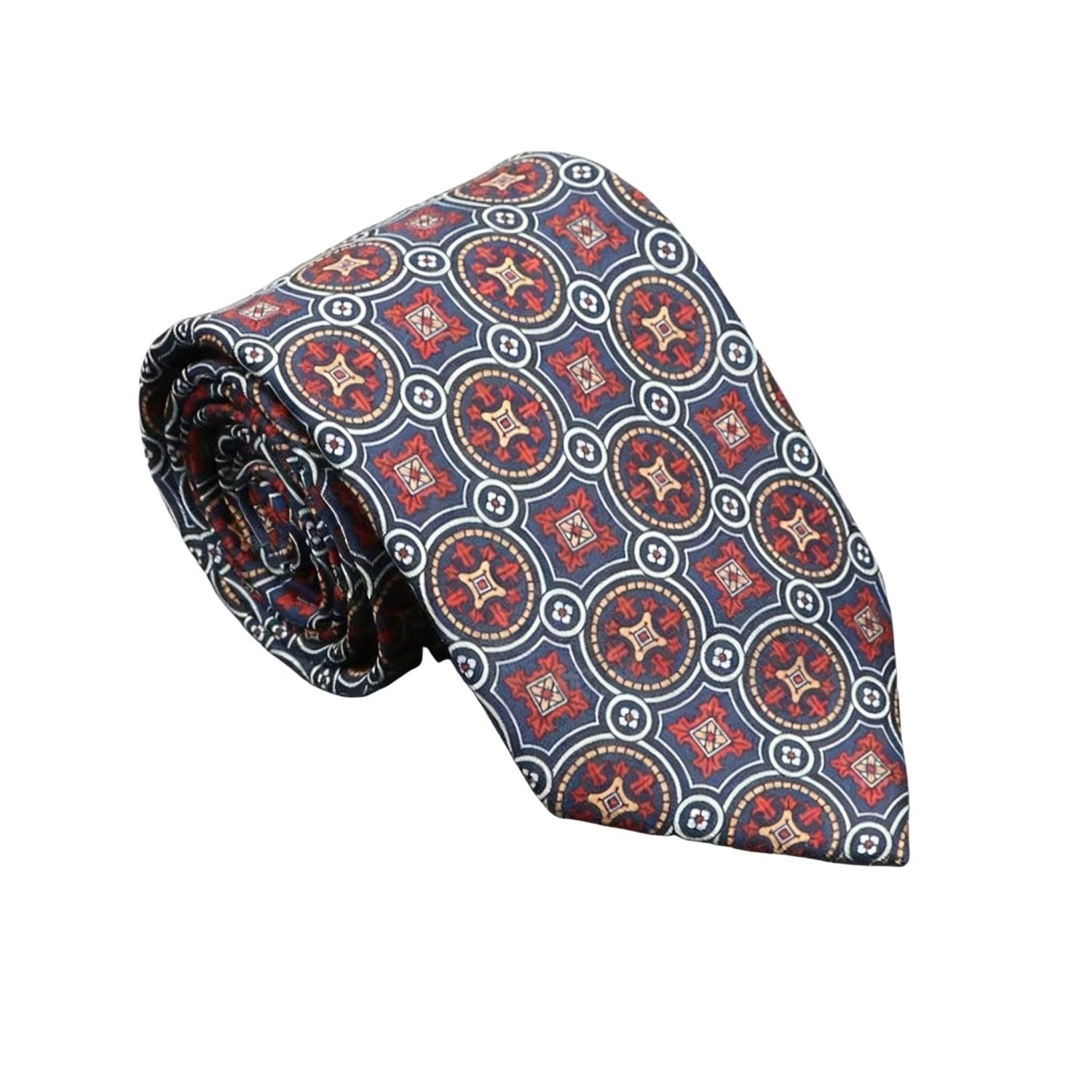 Dark Blue With Light Blue Floral Medallions Necktie