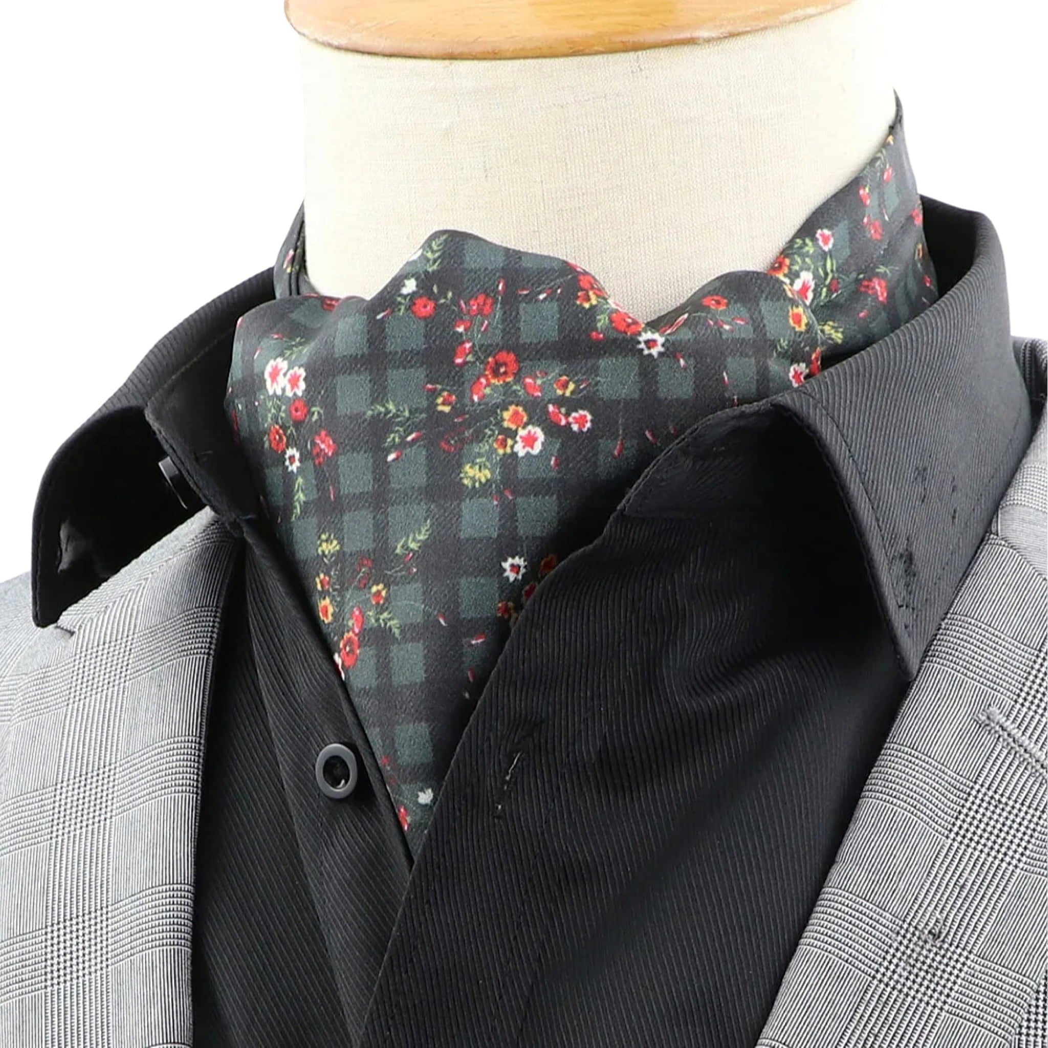 Dark Green with Red Floral Plaid Ascot