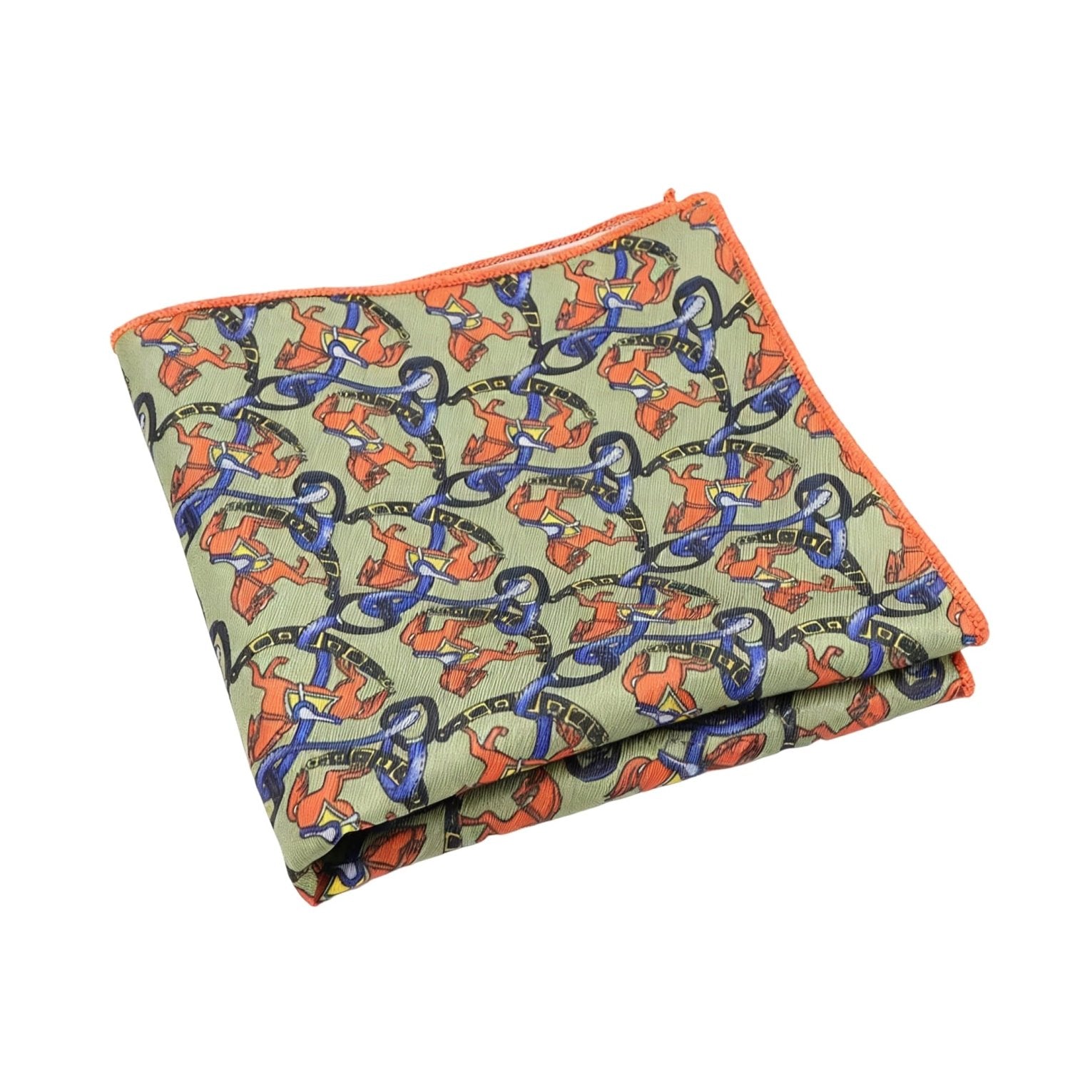 Green With Orange Horse Pocket Square