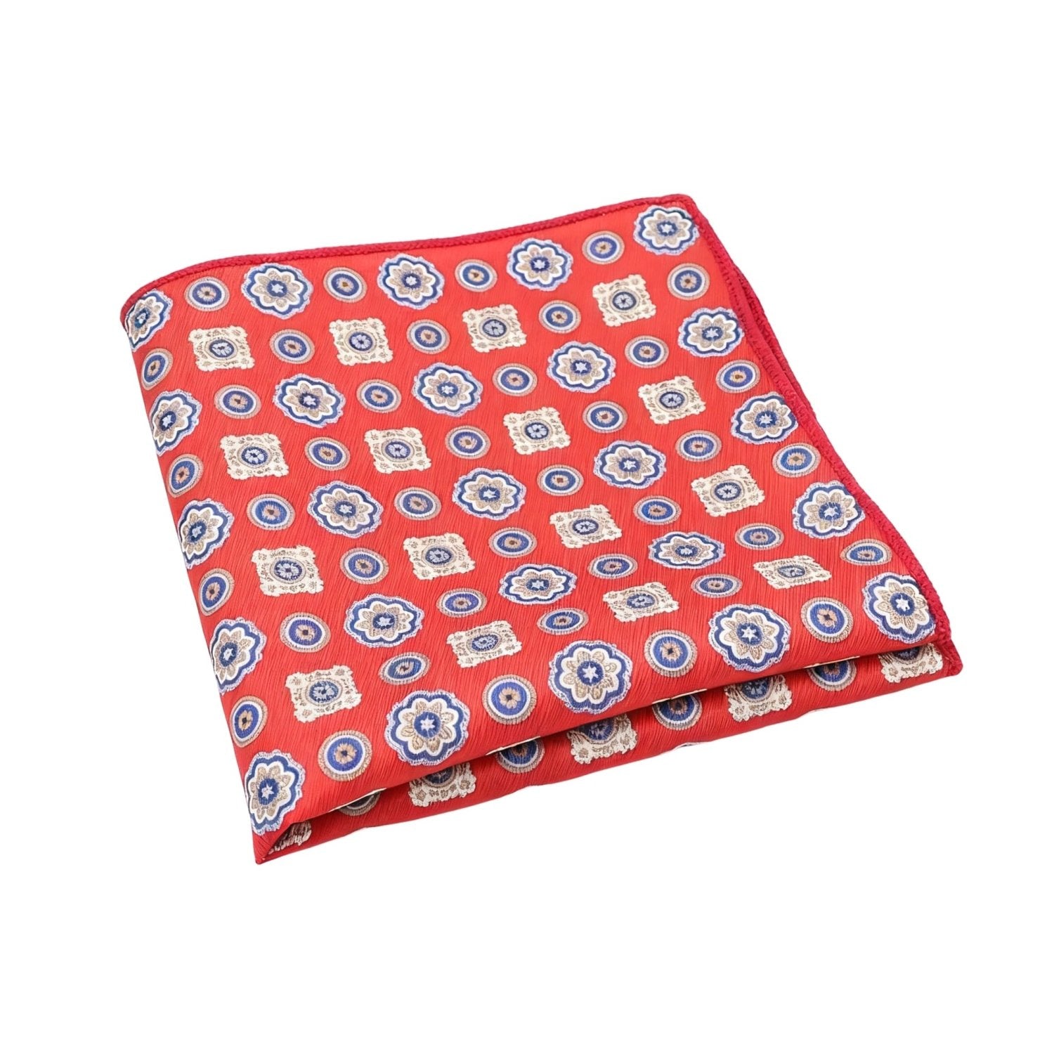 Red With Blue White Floral Geometric Pocket Square