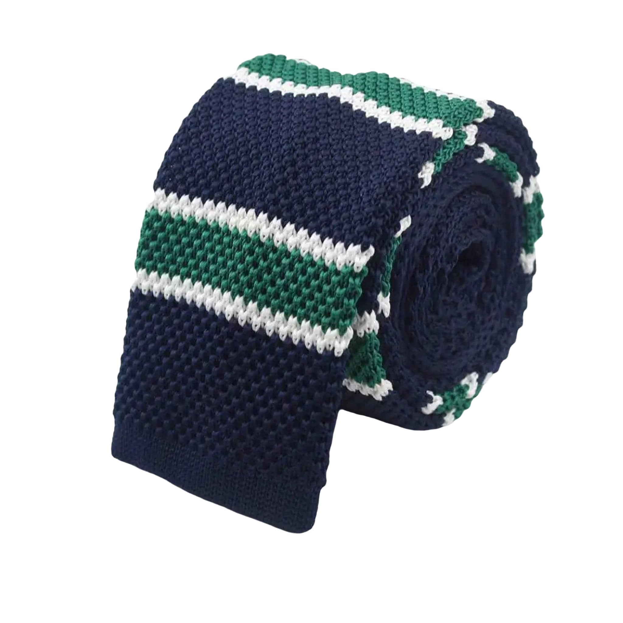 Navy White Green Striped Knitted Tie