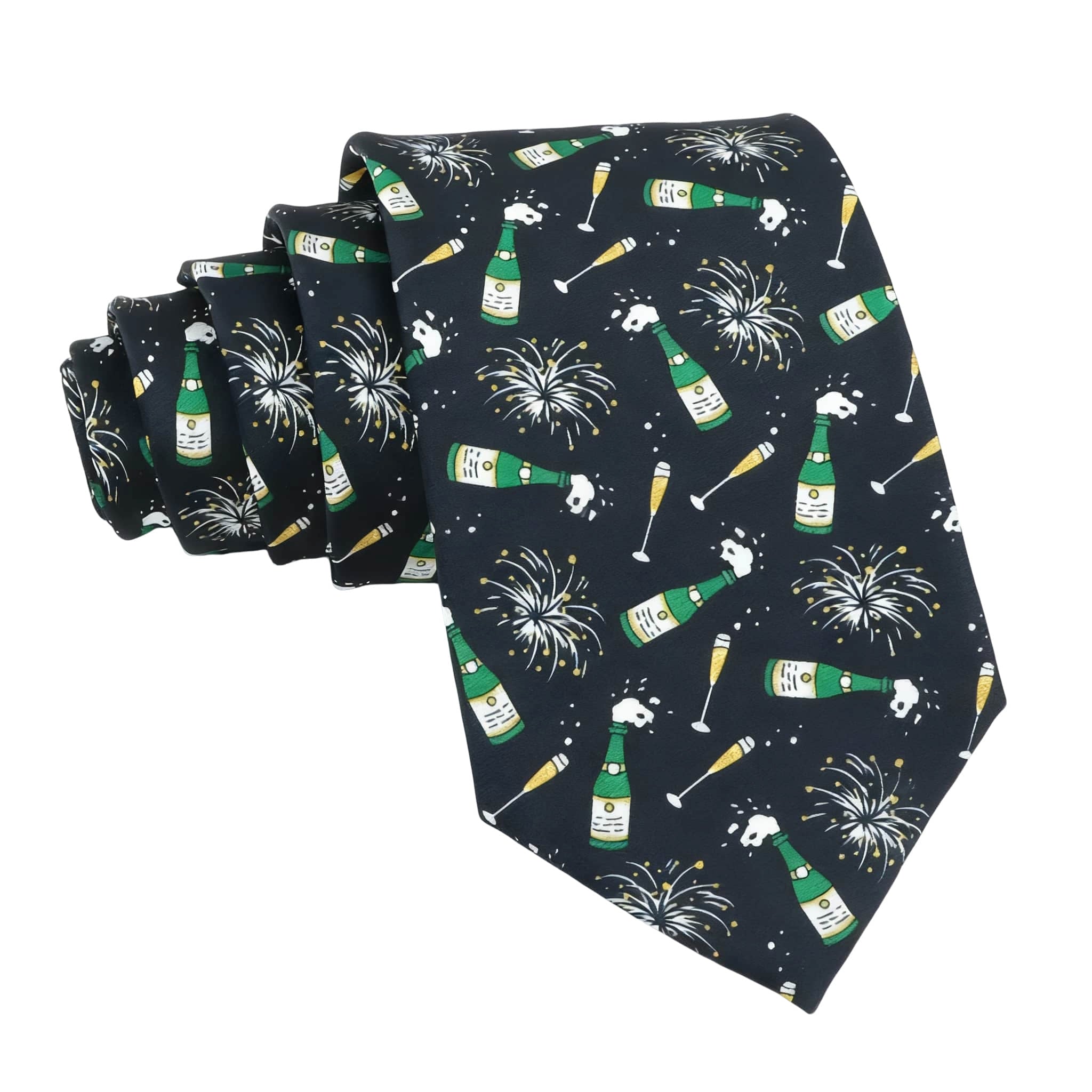 Black Green Champagne Bottle and Fireworks Necktie
