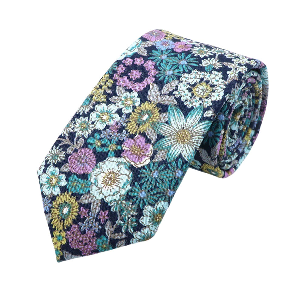 Navy Blue Turquoise Floral Necktie