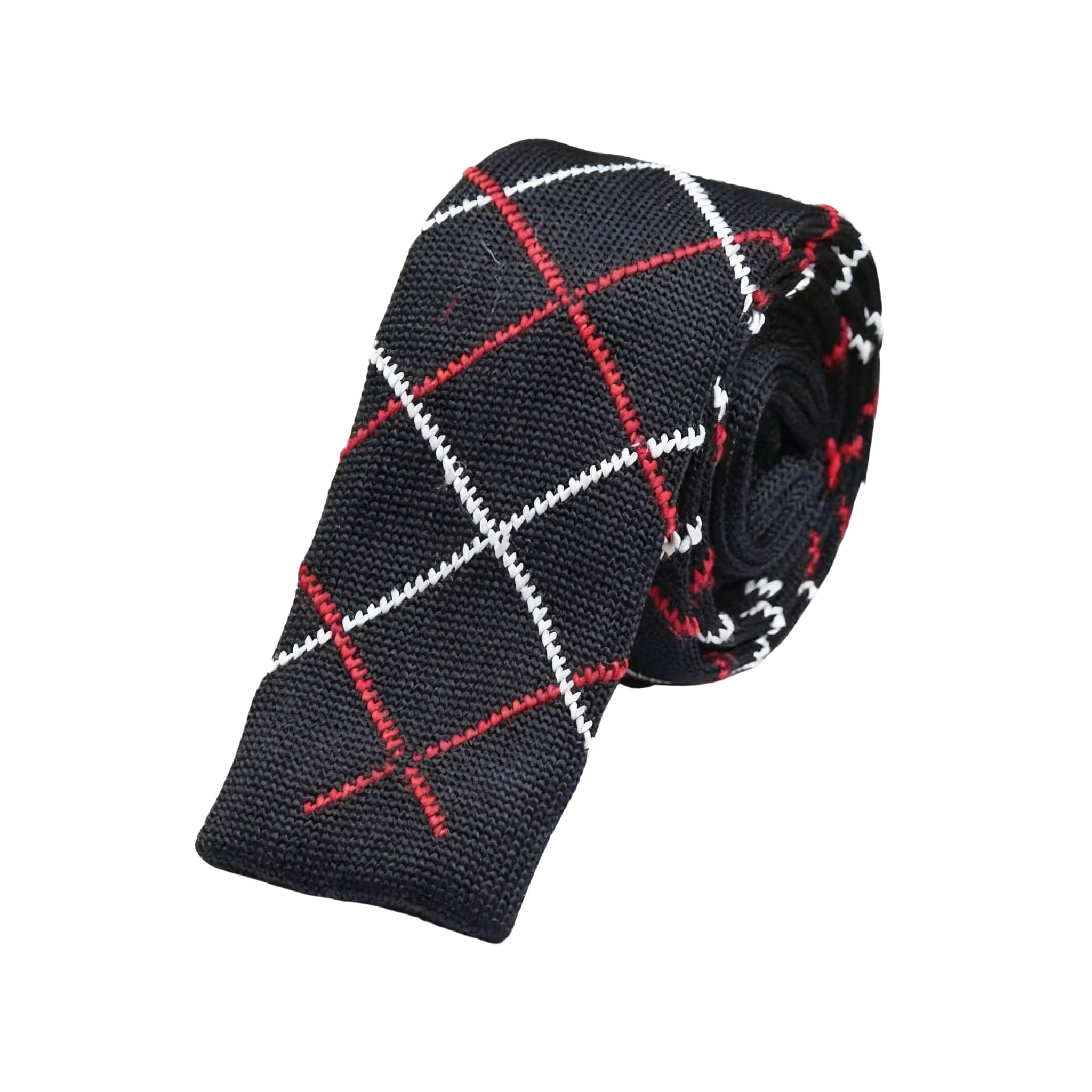 Navy Red White Plaid Knitted Tie