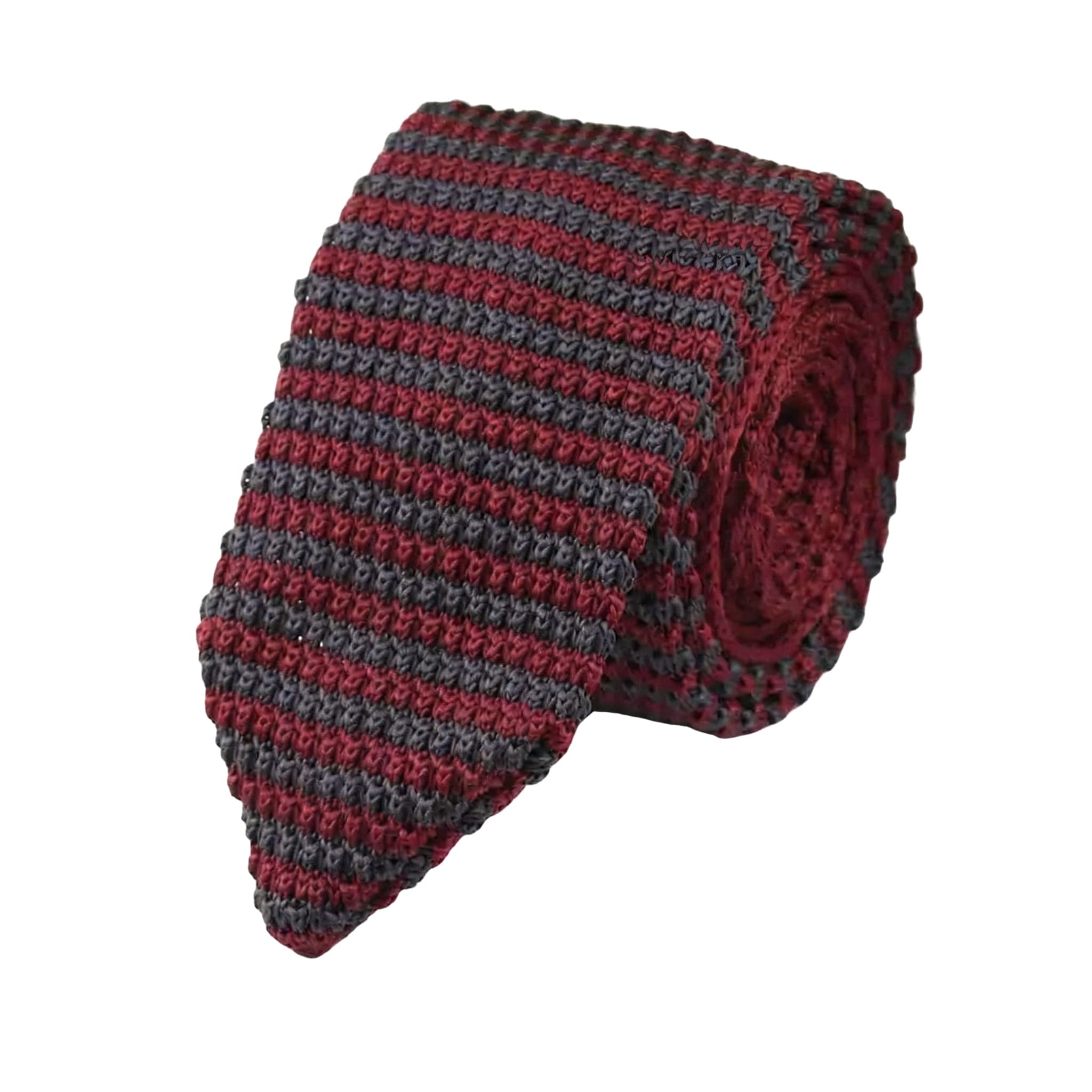 Burgundy Gray Striped Knitted Tie