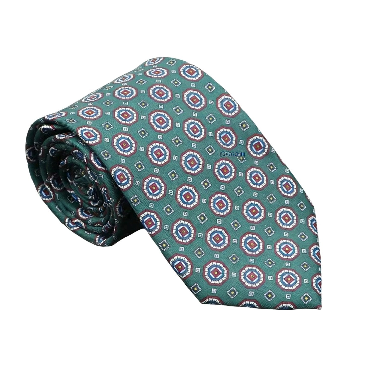 Dark Green With Burgundy Geometric Medallion Necktie