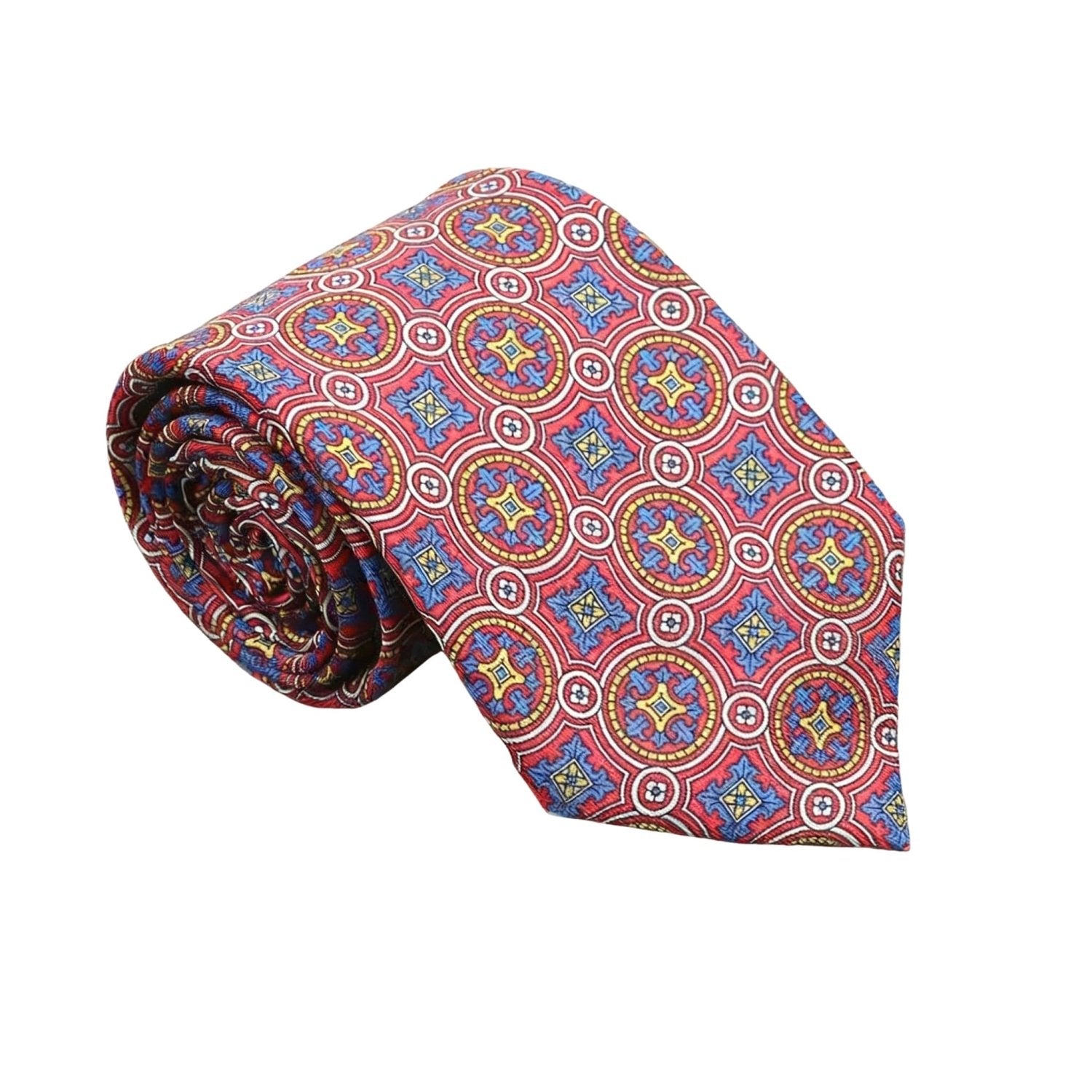 Red With Blue and Yellow Geometric Medallion Necktie