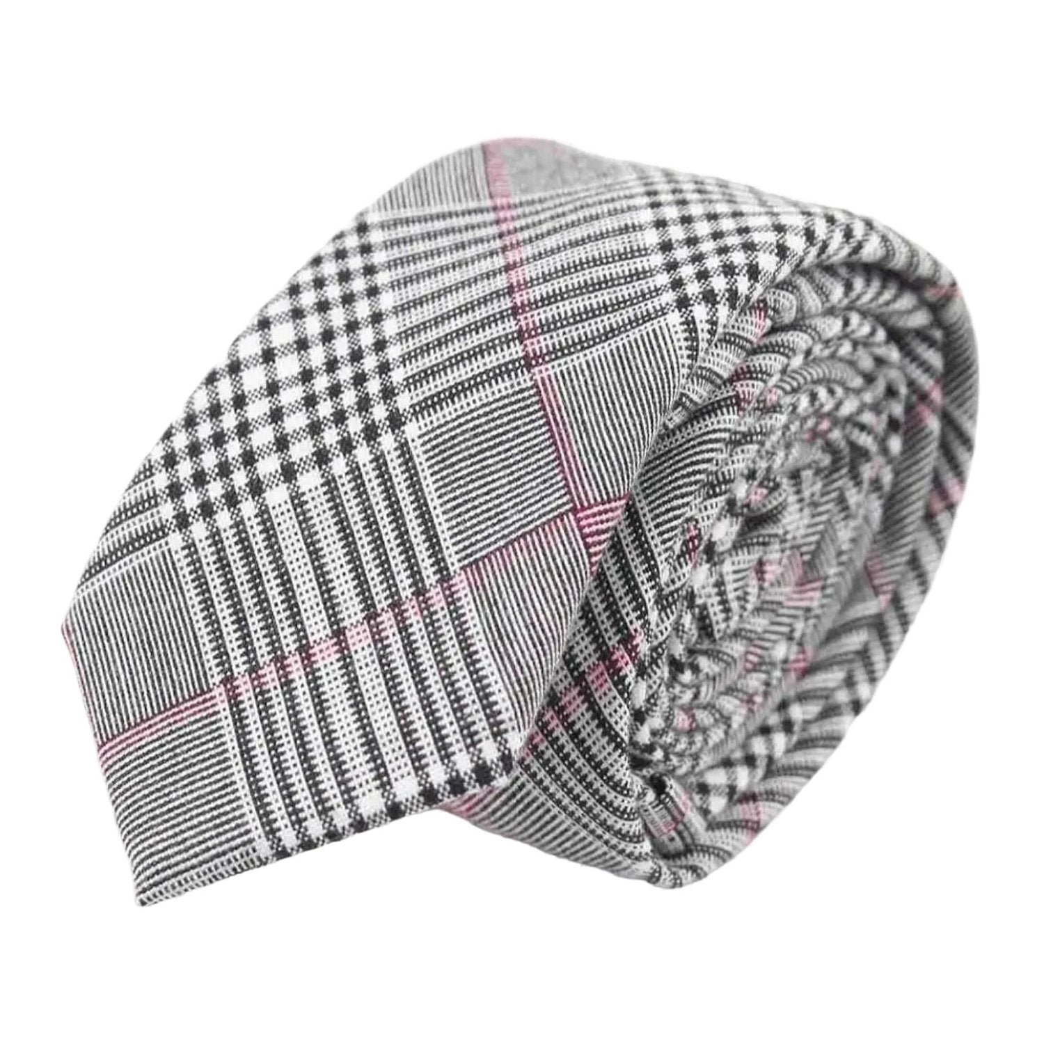 White With Black And Pink Plaid Necktie