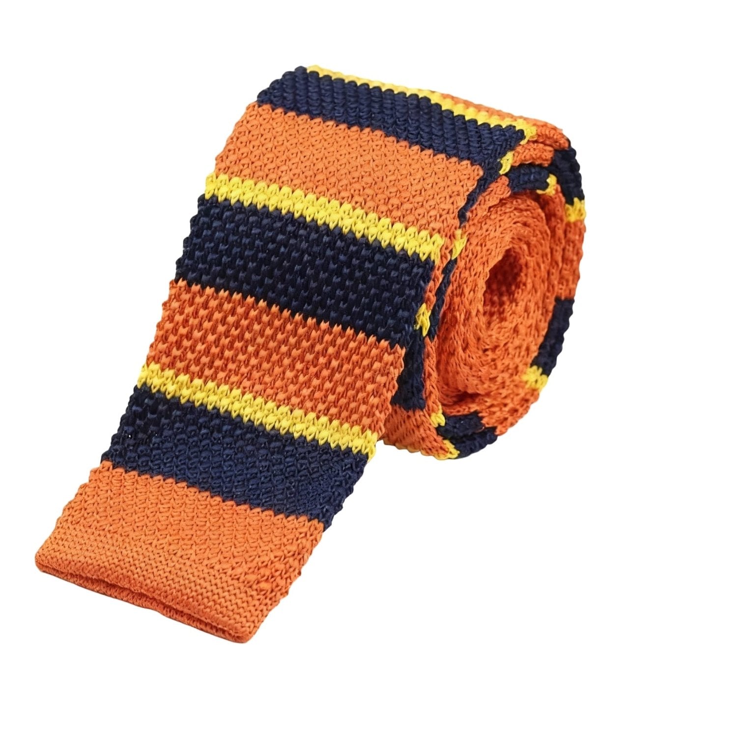 Orange With Dark Blue And Yellow Striped Necktie