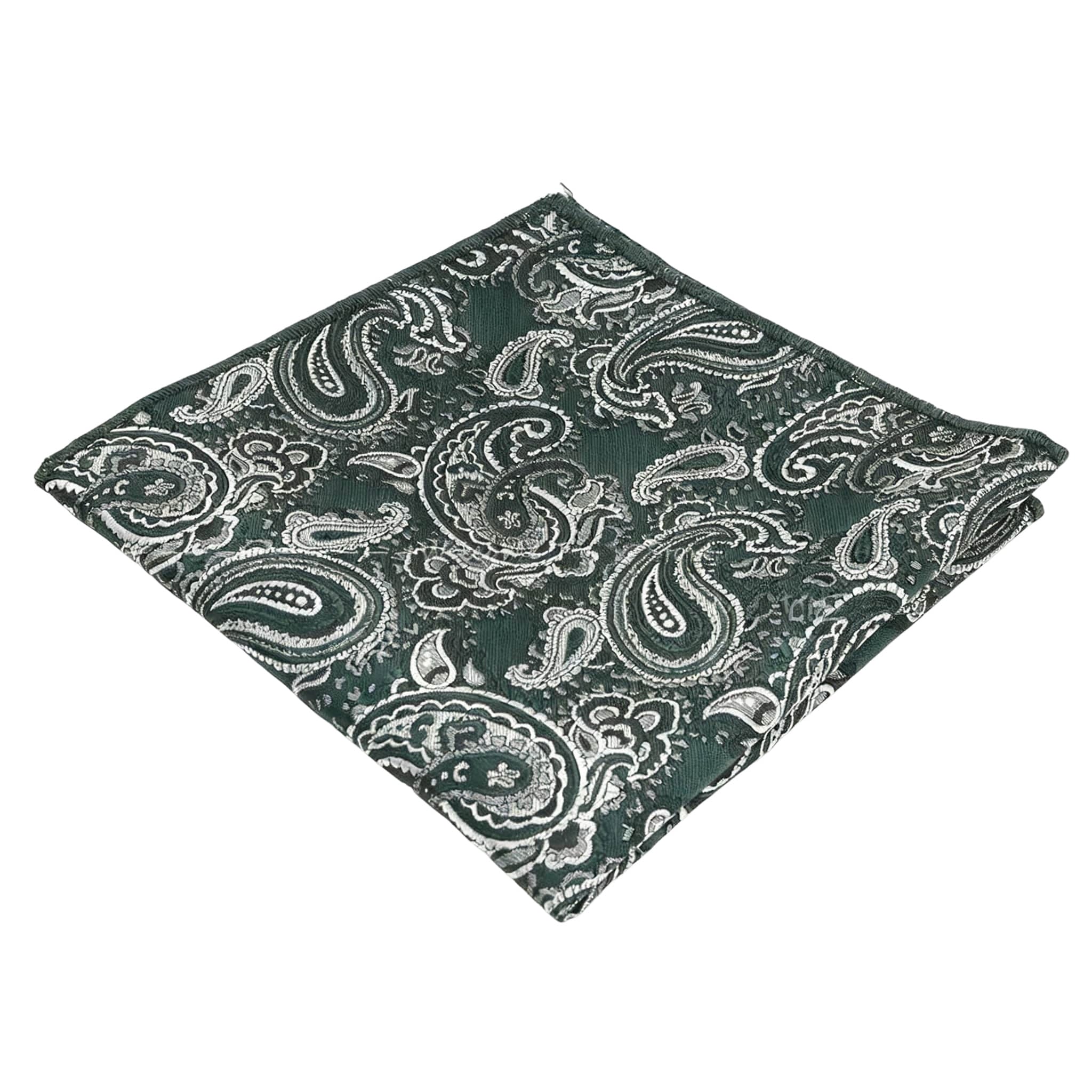 Dark Green Silver Paisley Pocket Square