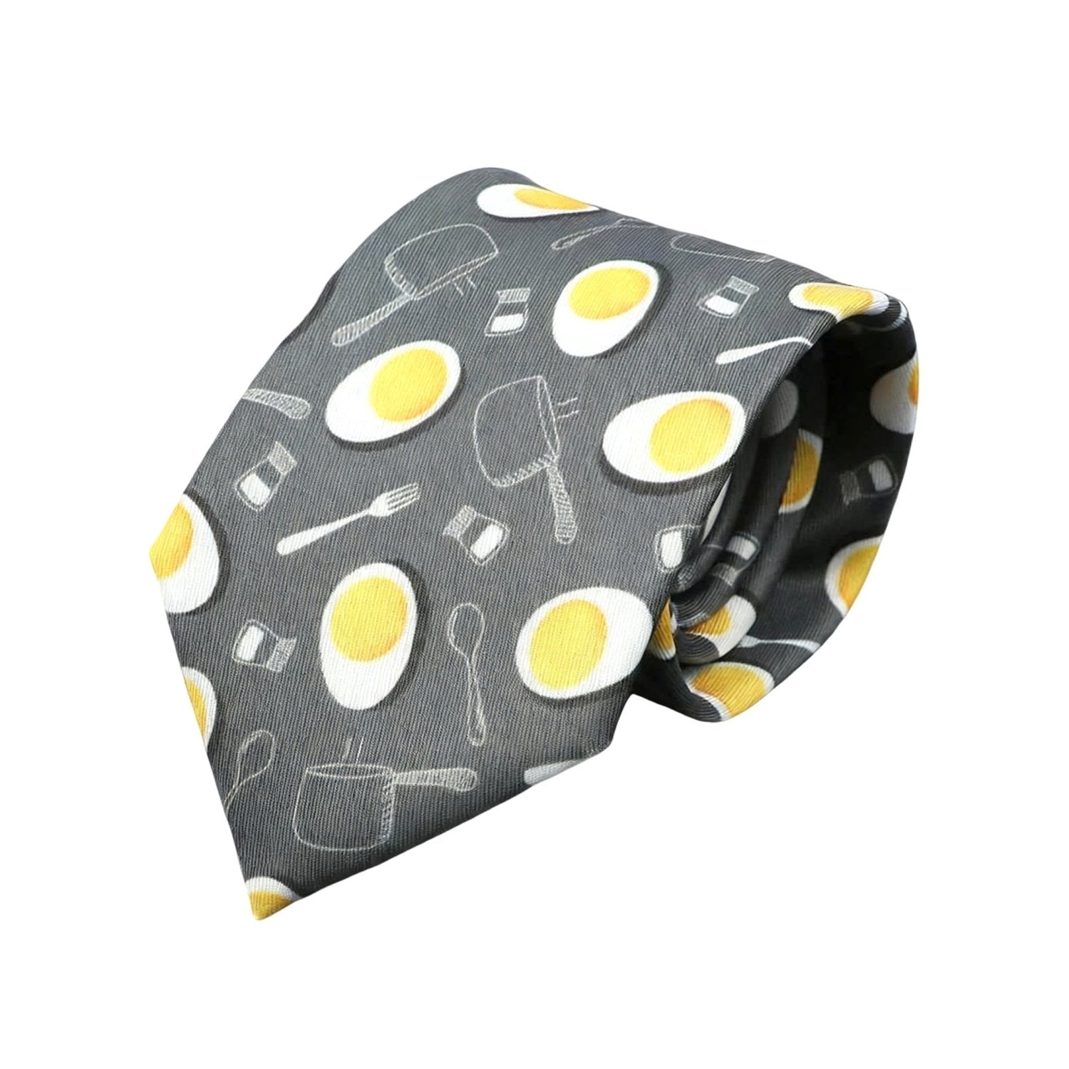 Dark Gray With White-Yellow Eggs&Utensils Necktie