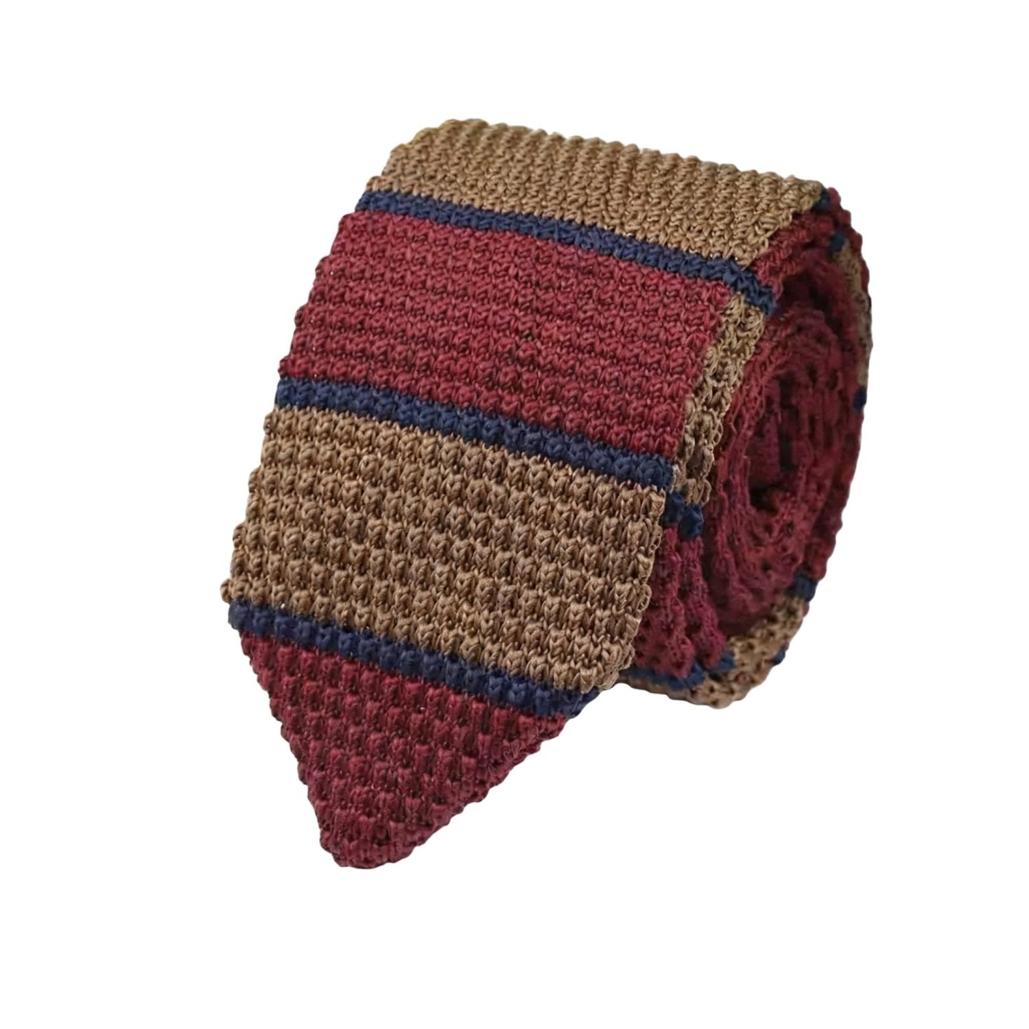 Brown With Maroon And Navy Blue Striped Necktie
