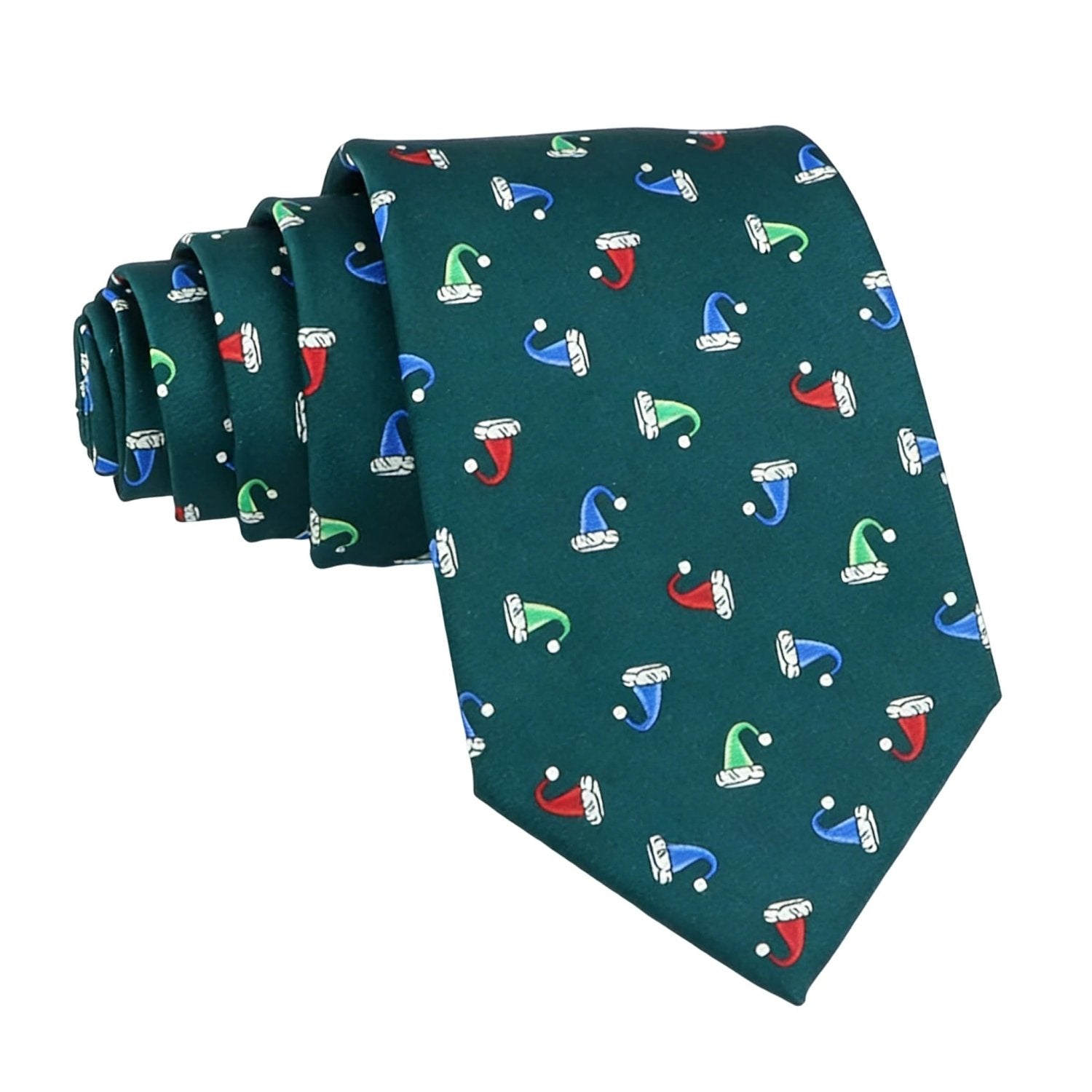 Dark Green with Colorful Santa Hats Necktie
