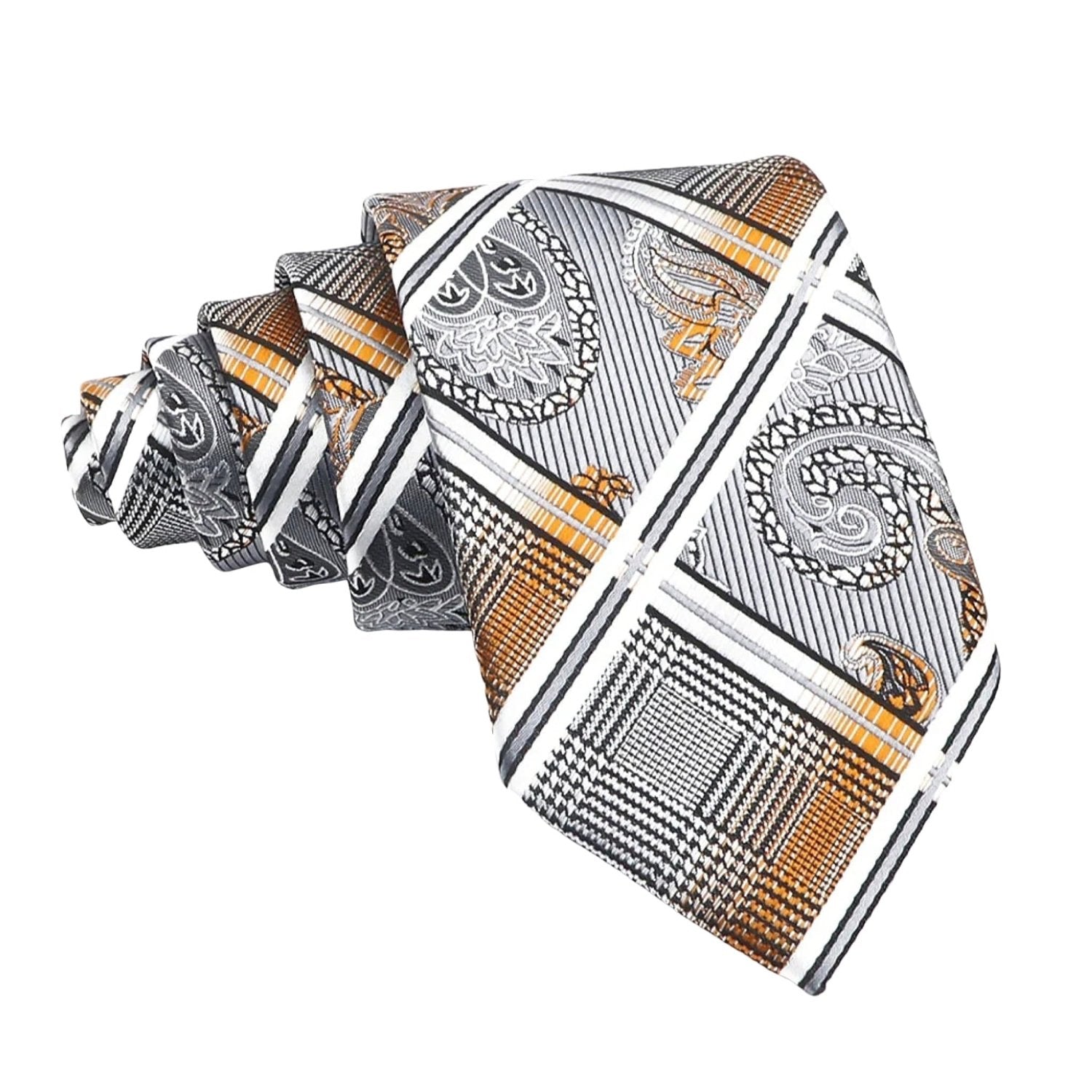 Gray With Orange Paisley Stripes Check Necktie