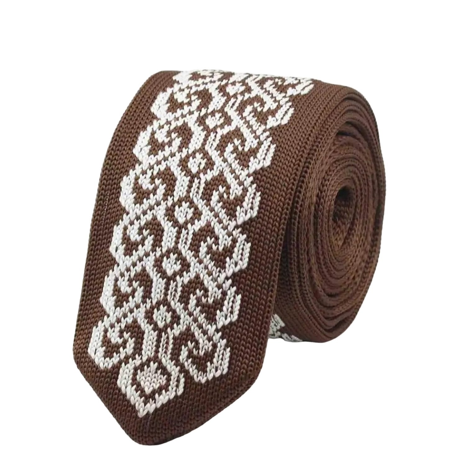 Brown Necktie With White Geometric Pattern