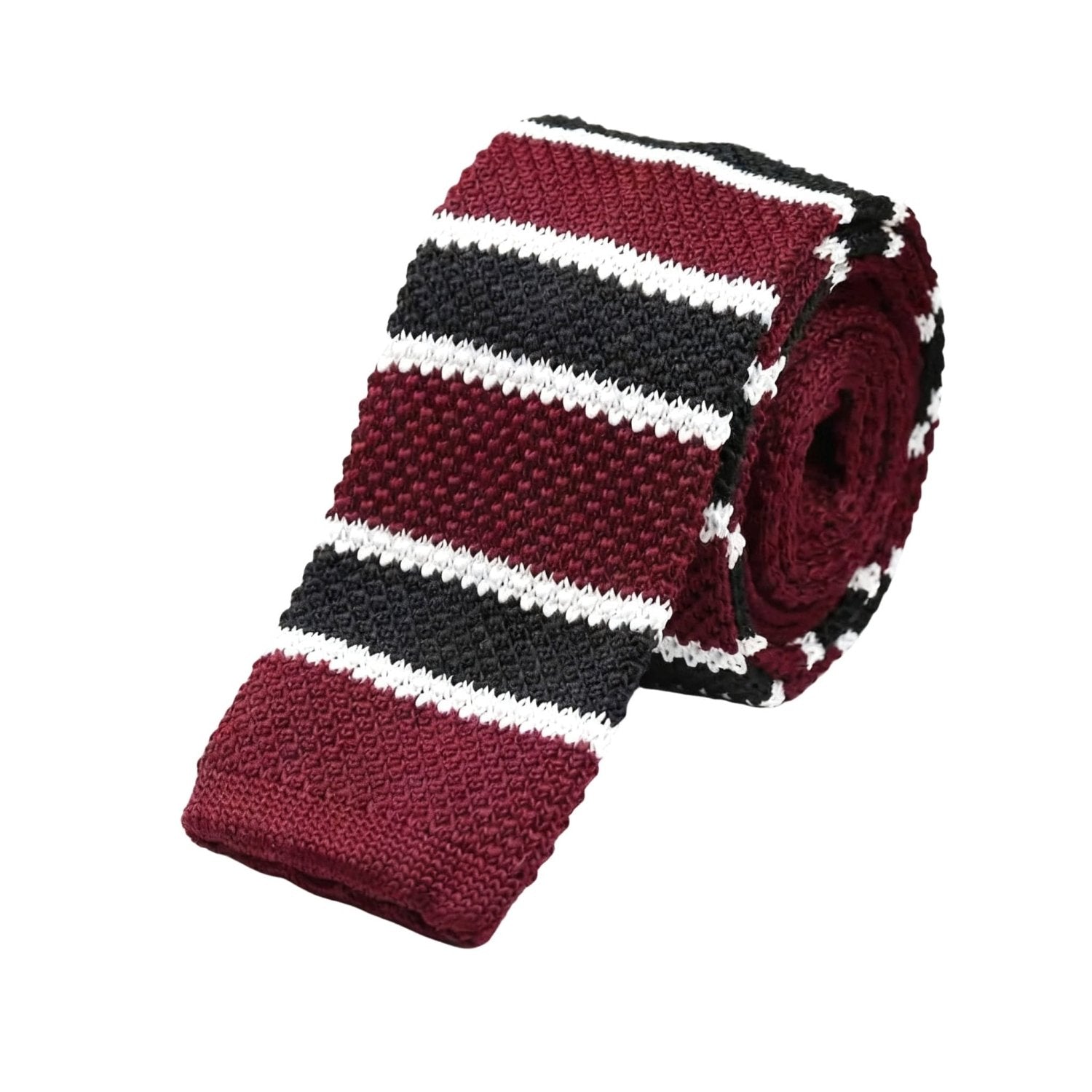 Burgundy With Black And White Horizontal Striped Necktie