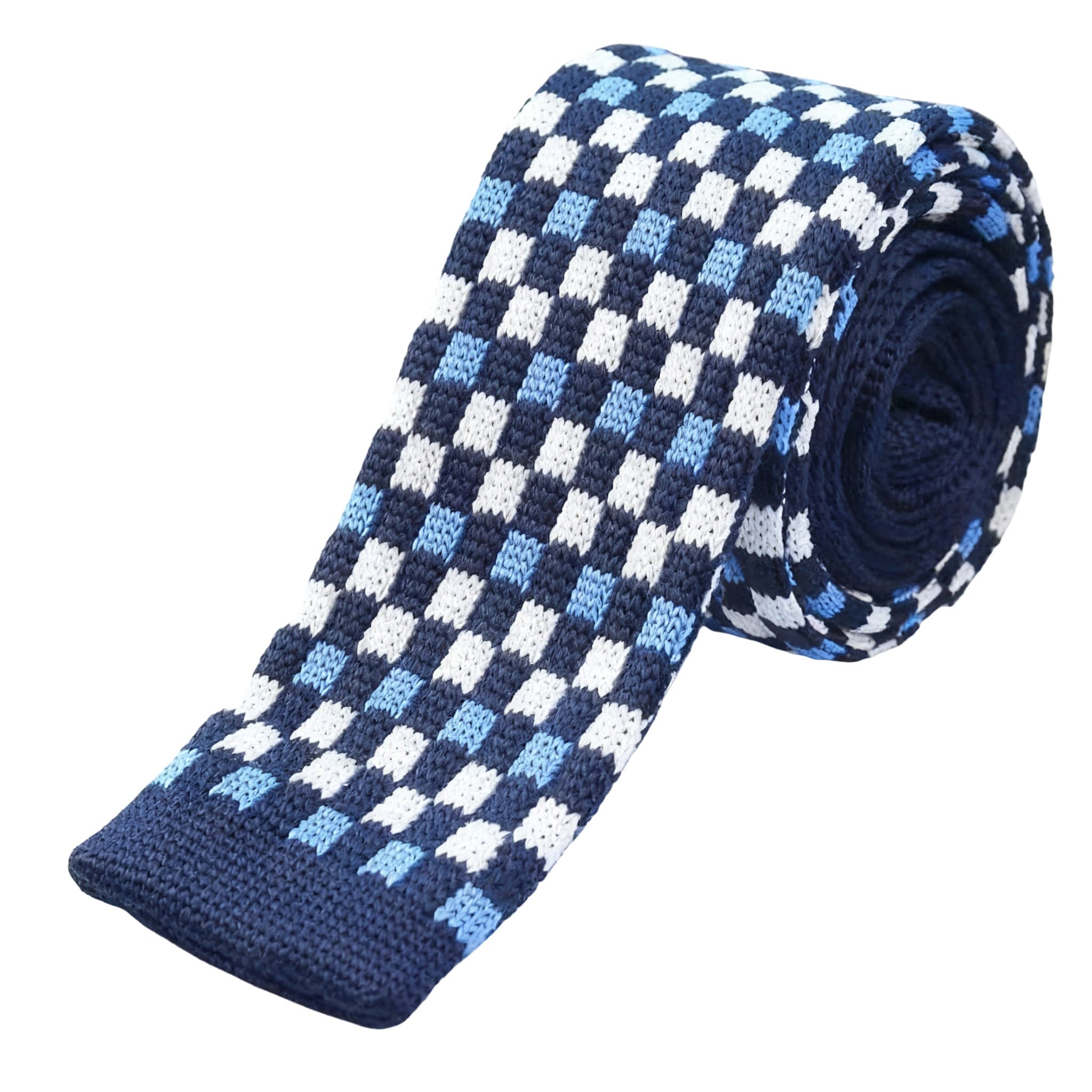 Navy Blue White Checkered Knitted Necktie