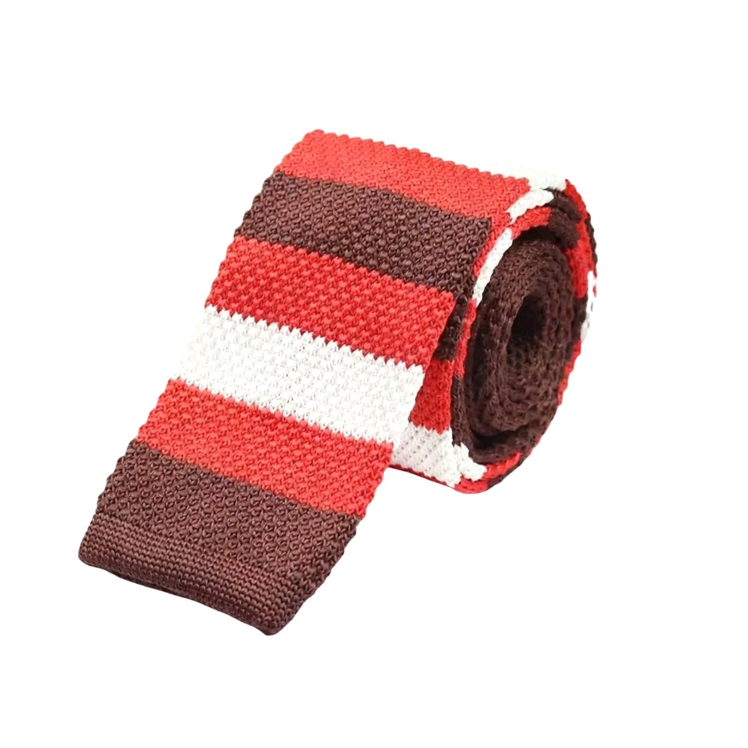 Brown Necktie With Red White Horizontal Stripes