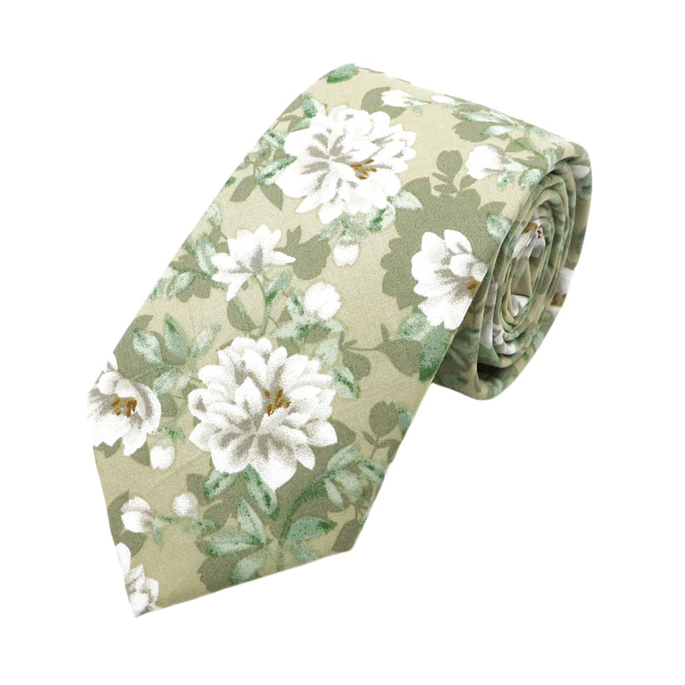 Sage Green White Floral Necktie