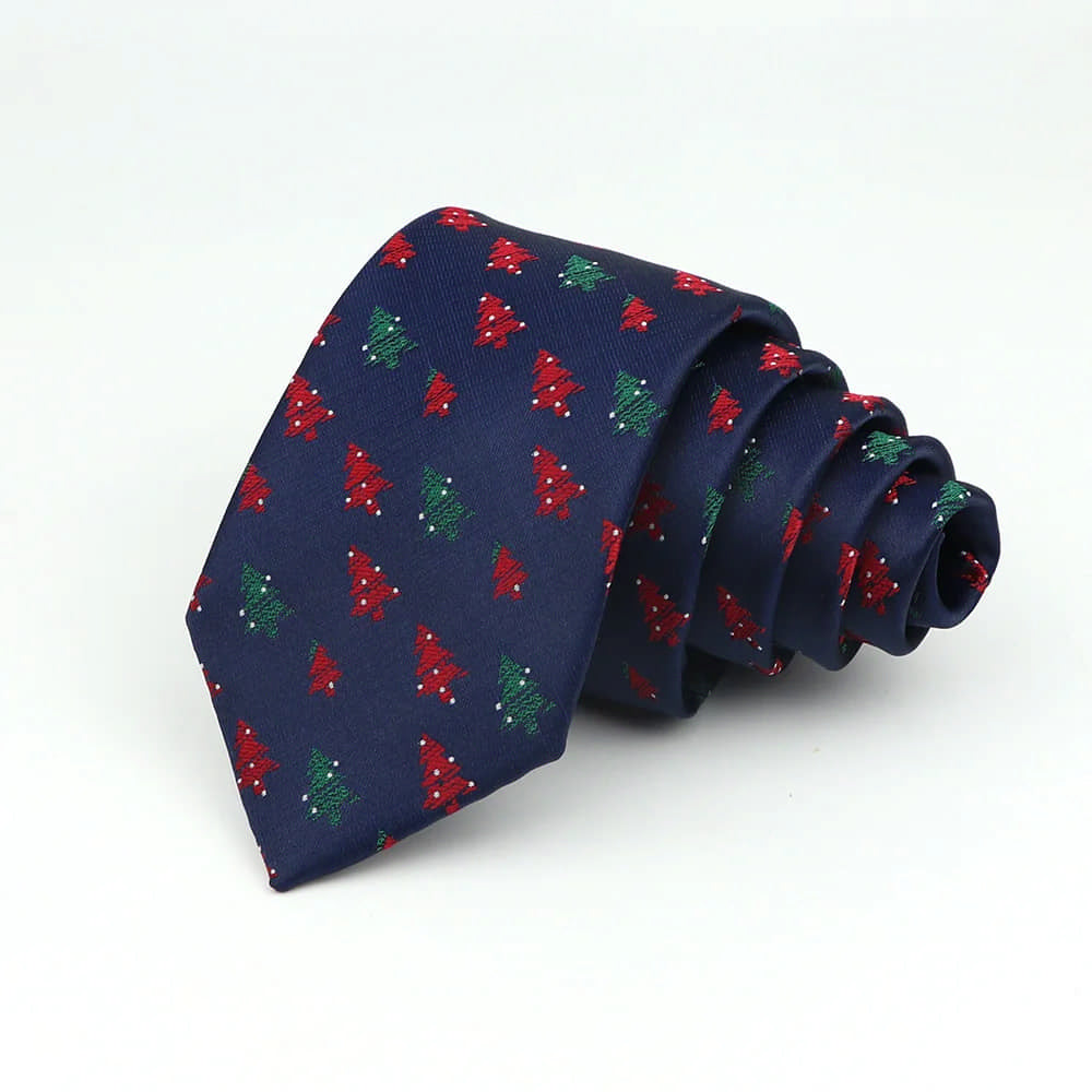 Navy Blue With Red And Green Christmas Tree Necktie