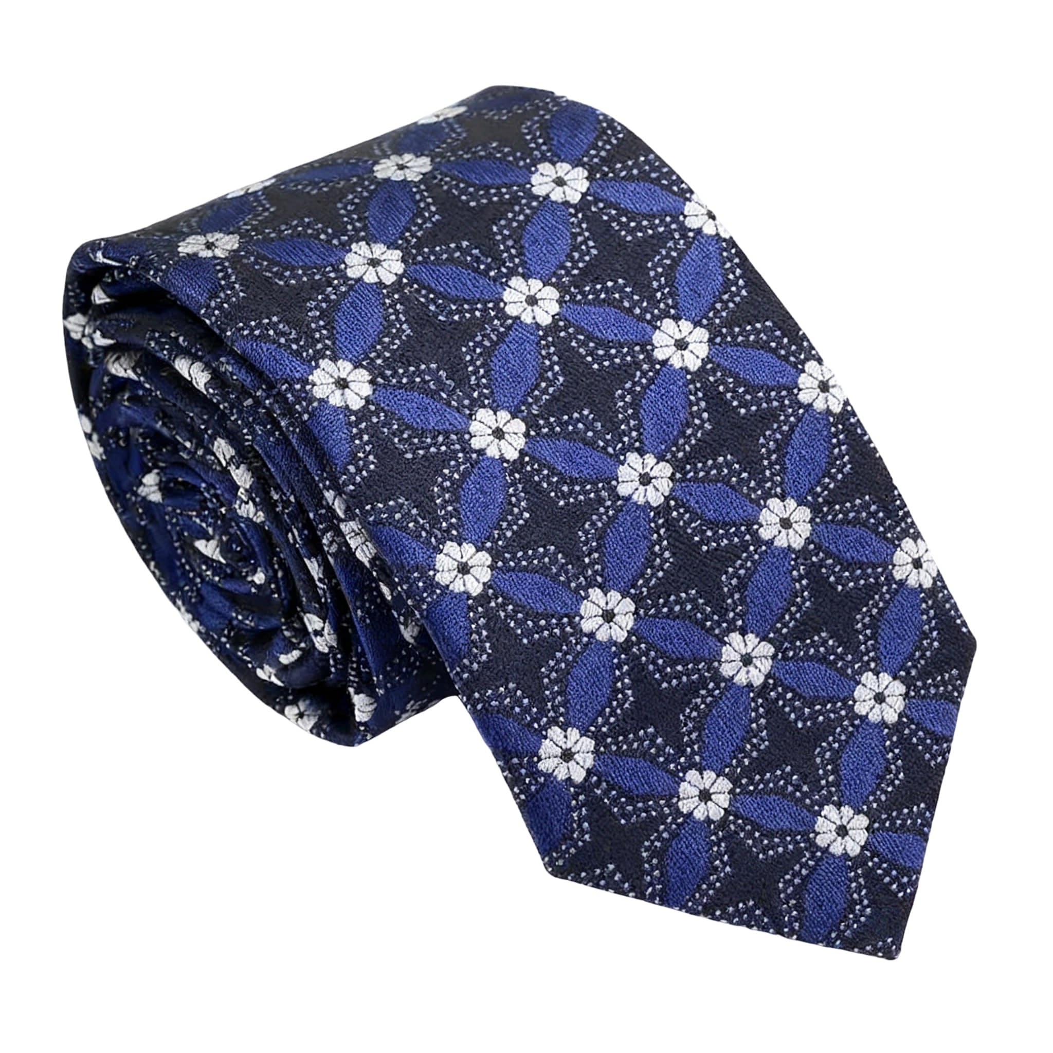 Navy Blue White Floral Necktie