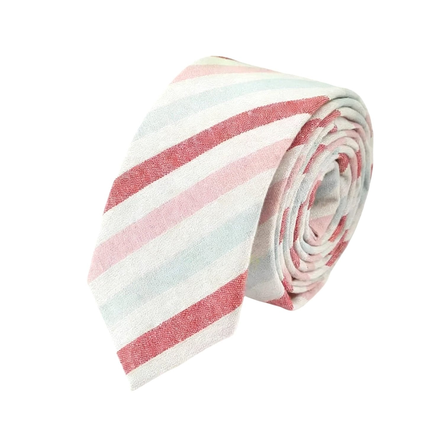 White With Red Pink Light Blue Striped Necktie