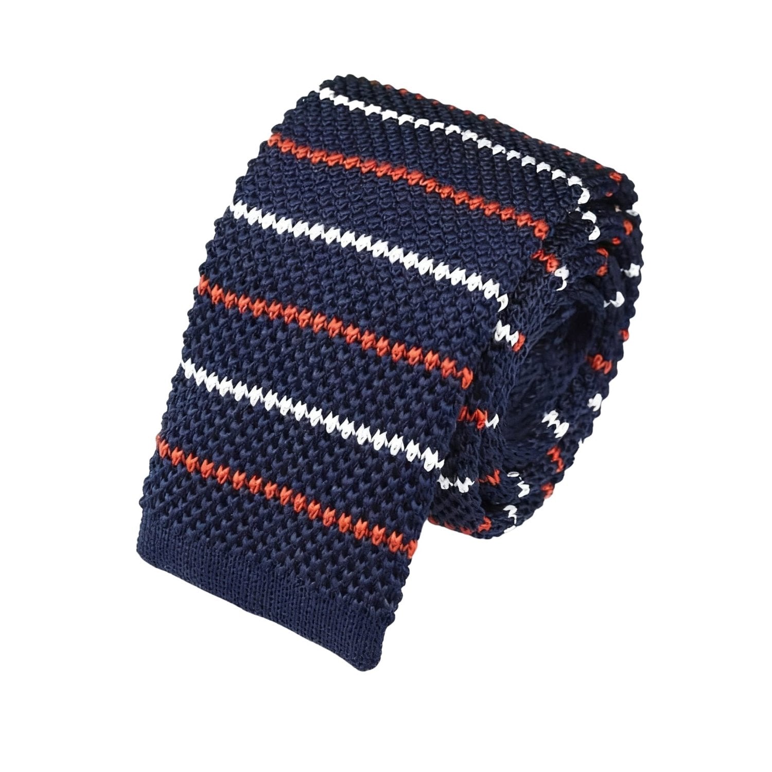 Navy With White And Orange Stripes Knitted Necktie