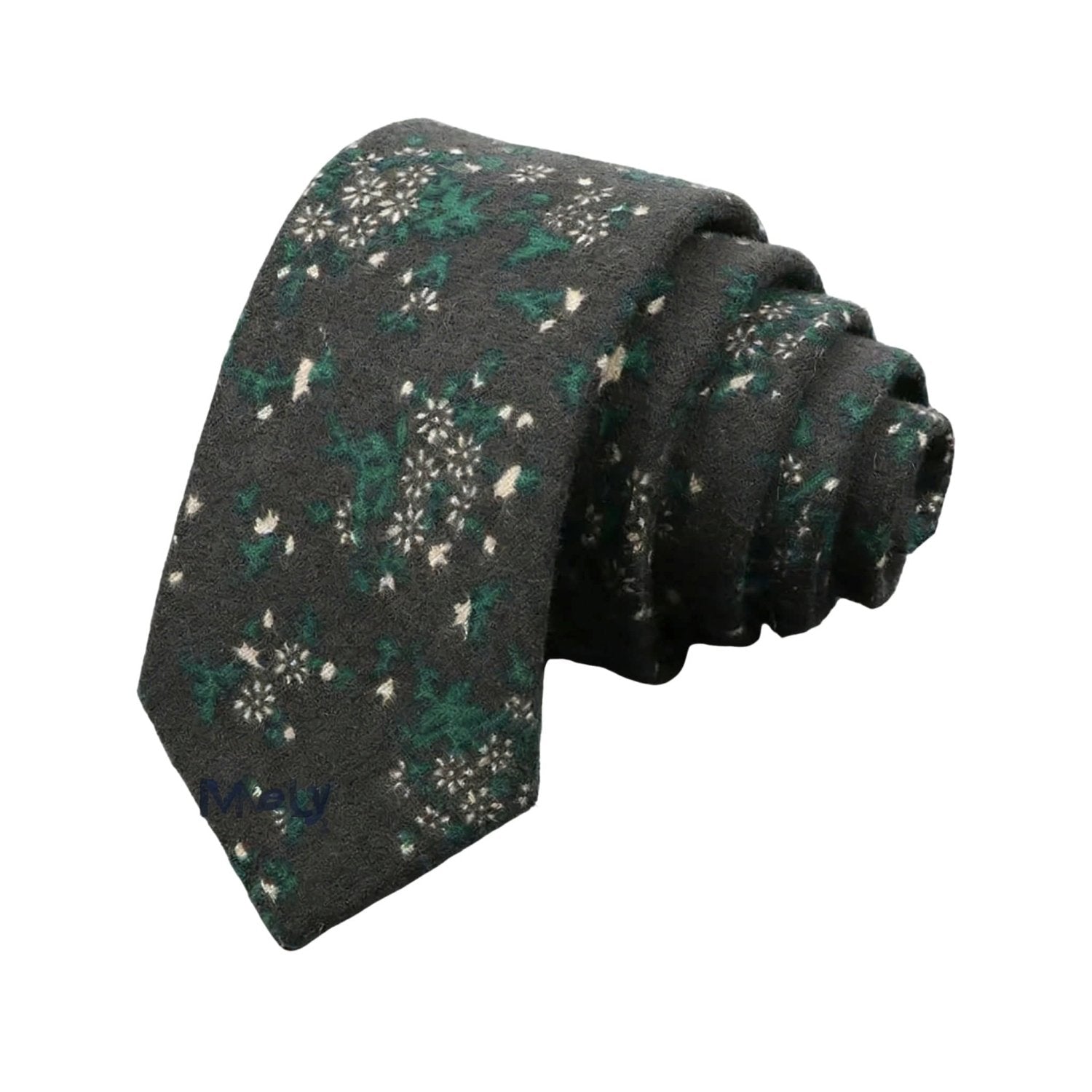 Dark Gray With Green White Floral Necktie