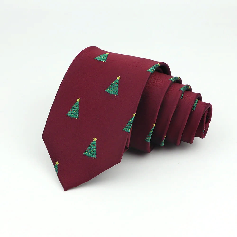 Burgundy With Green Christmas Tree Necktie