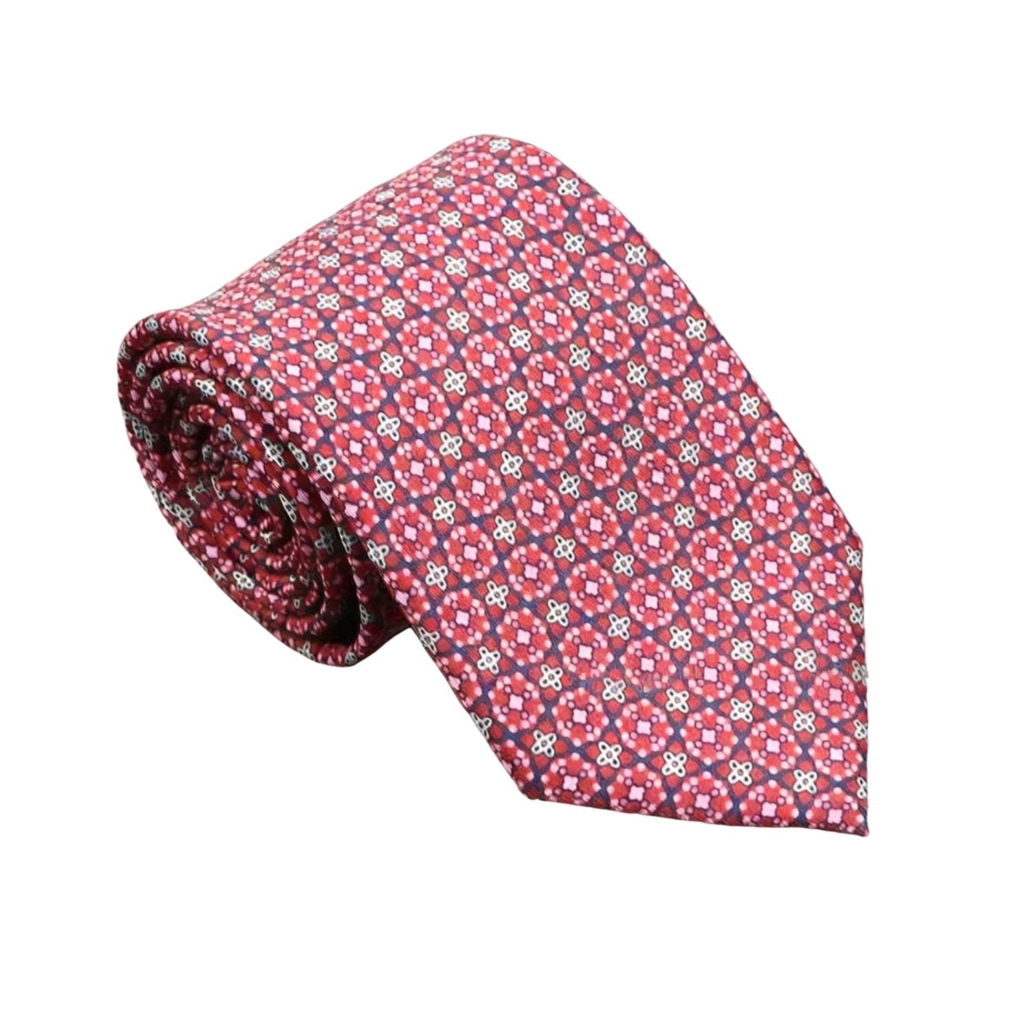 Burgundy With White Quatrefoil & Dots Necktie