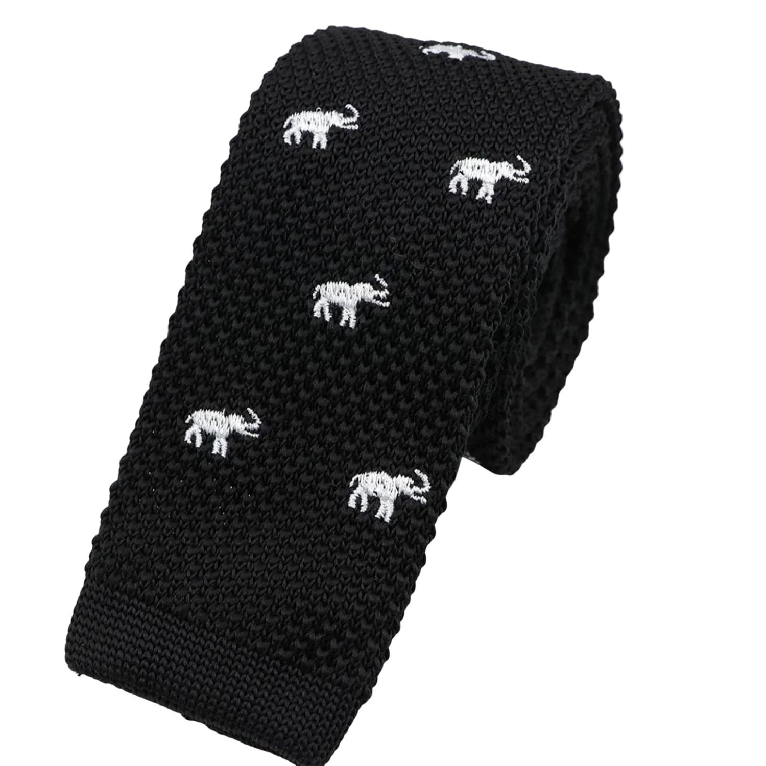 Black With White Elephant Knitted Necktie