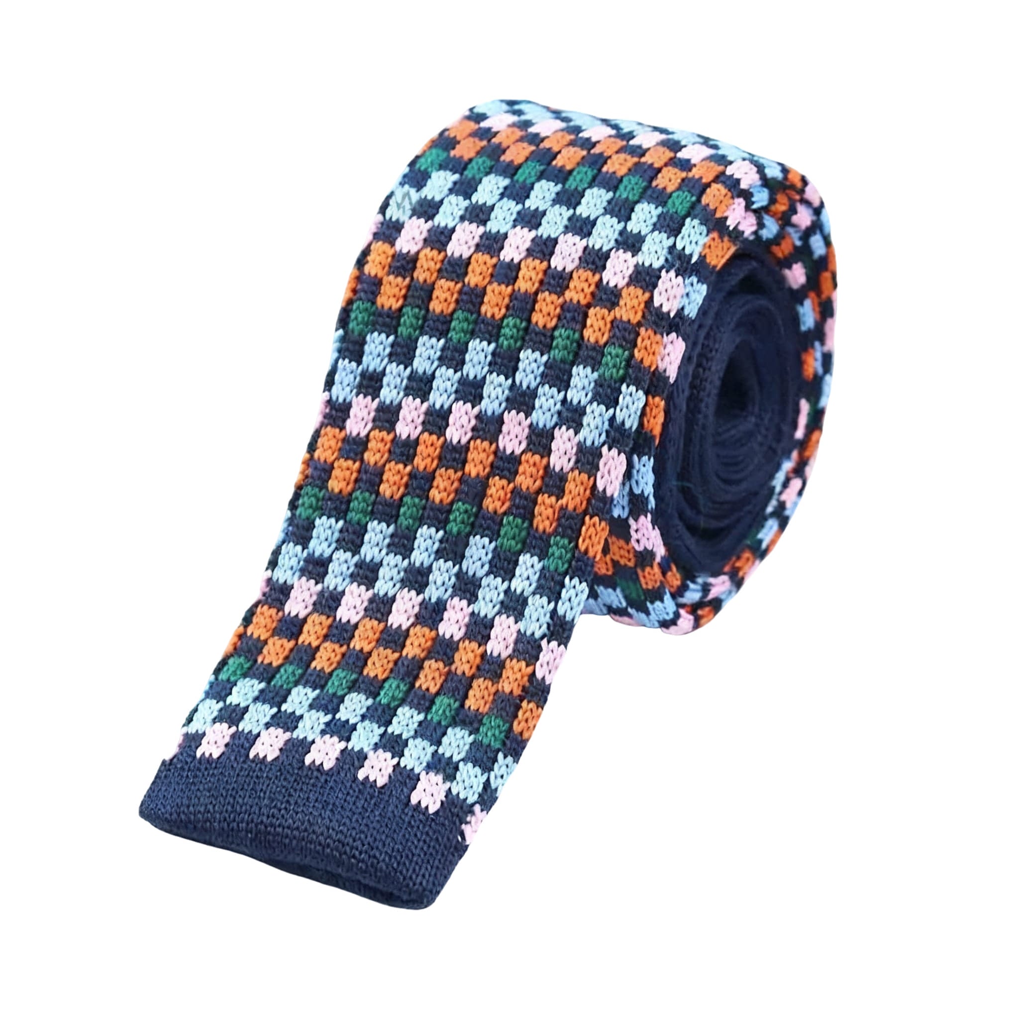 Navy Multicolor Checkered Knitted Necktie