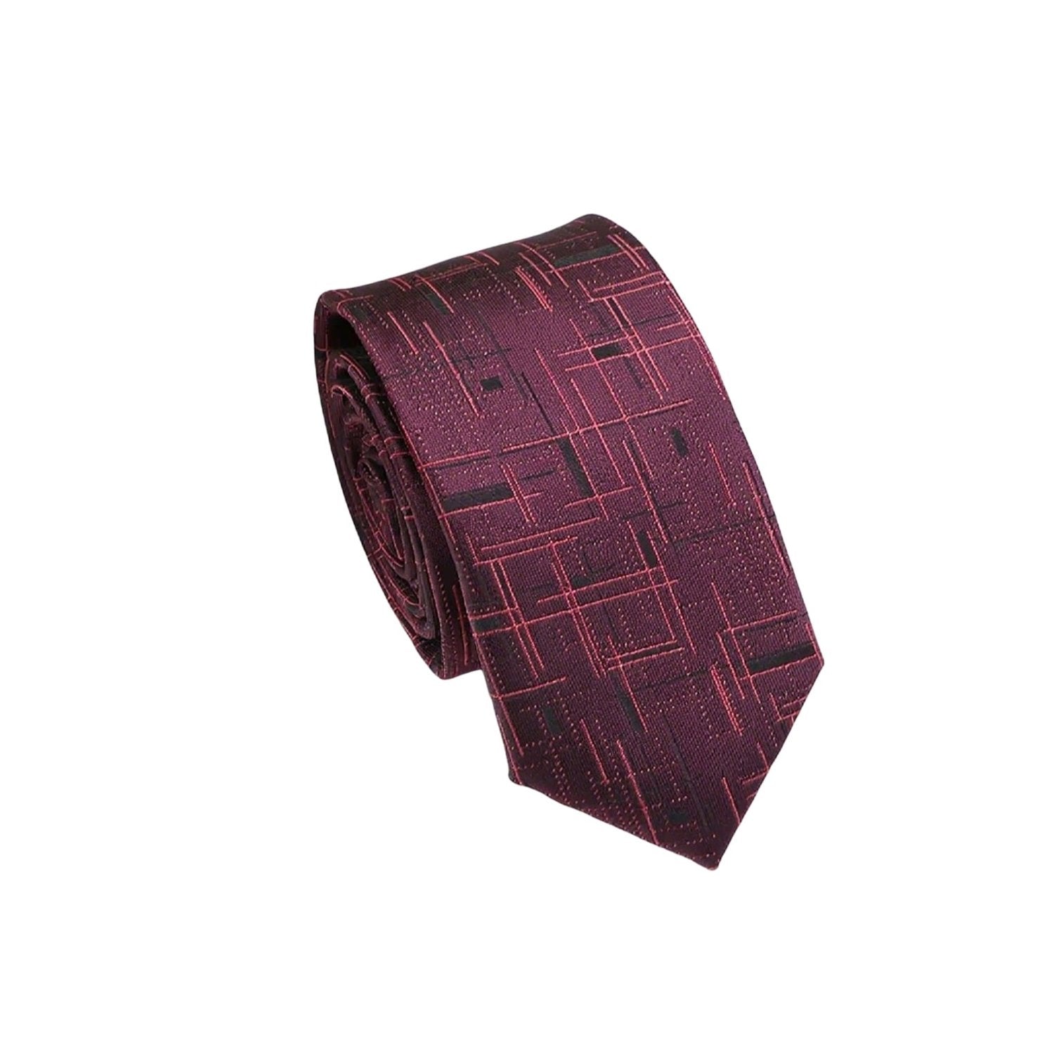 Burgundy With Red And Black Geometric Grid Necktie