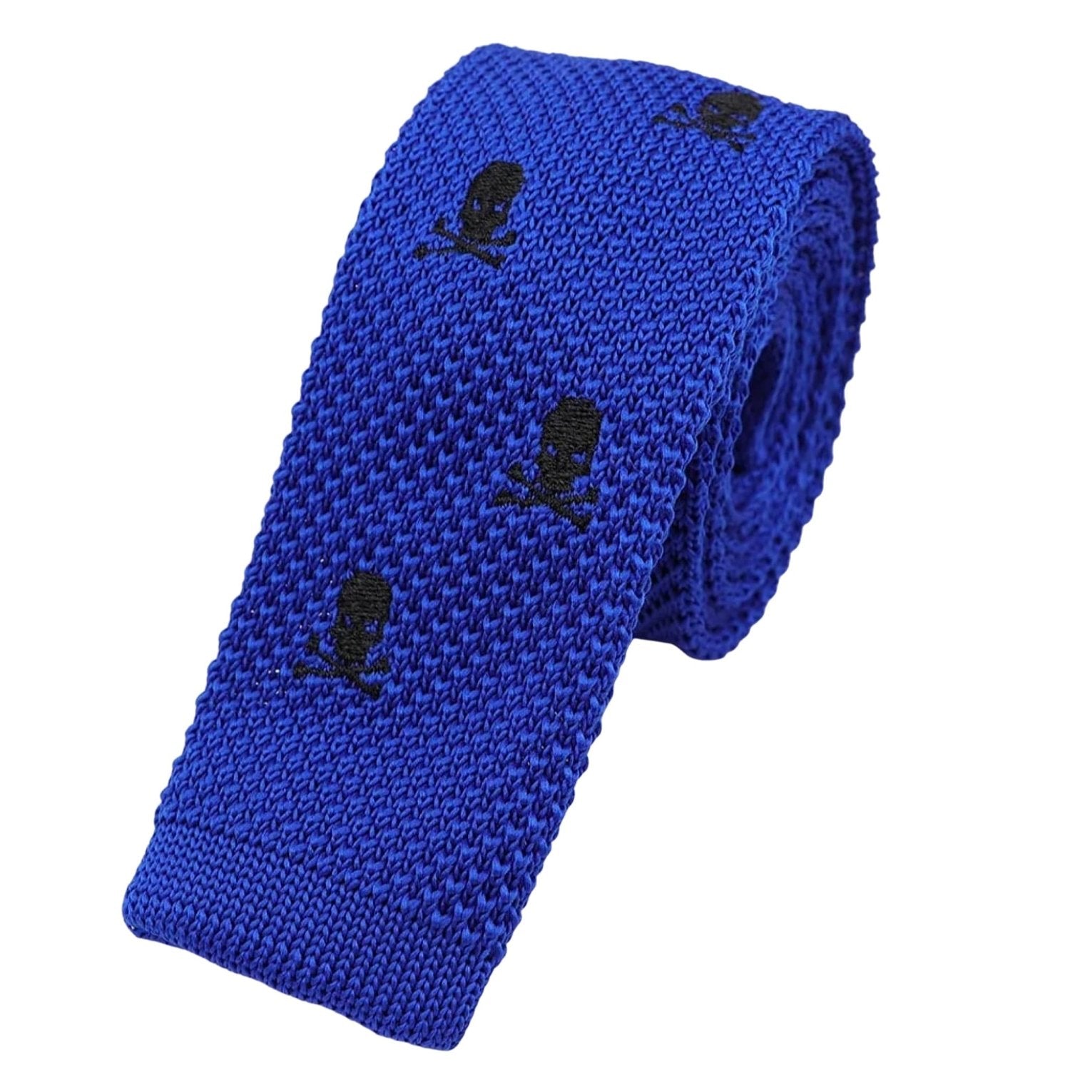 Blue Necktie With Black Skull & Crossbones