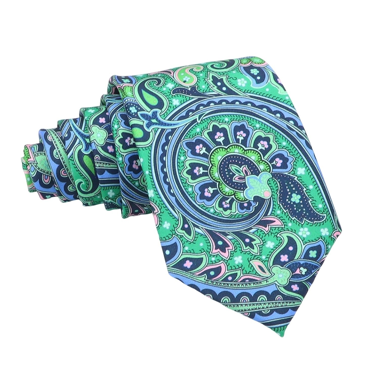 Green Paisley Necktie With Blue Pink