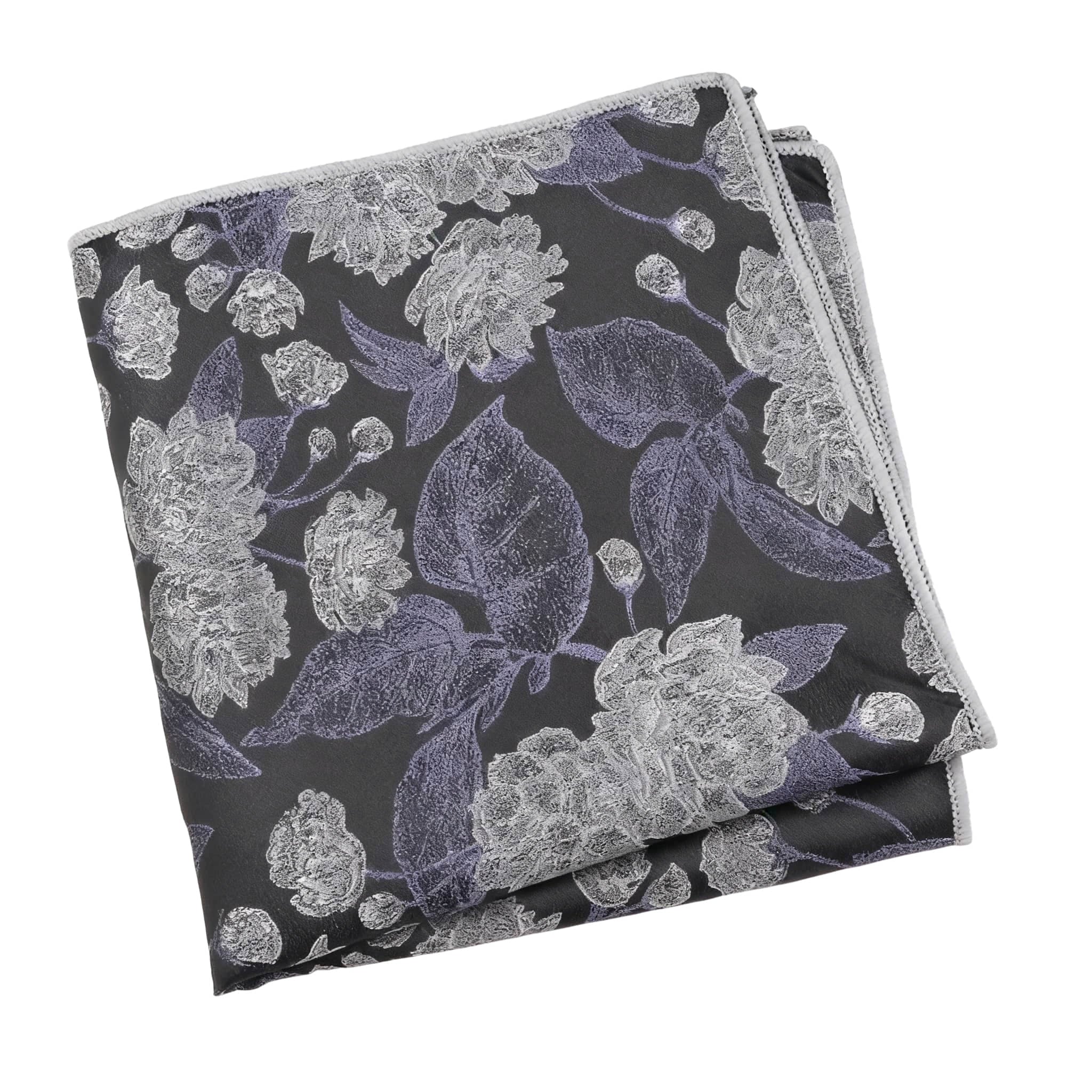 Black Silver Floral Pocket Square