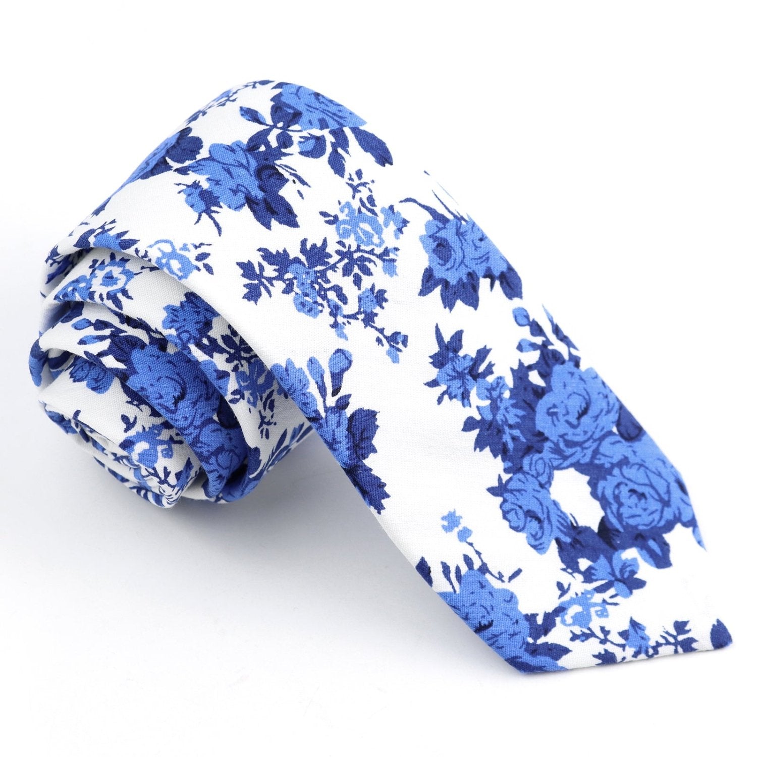 White Base Blue Floral Rose Skinny Cotton Tie
