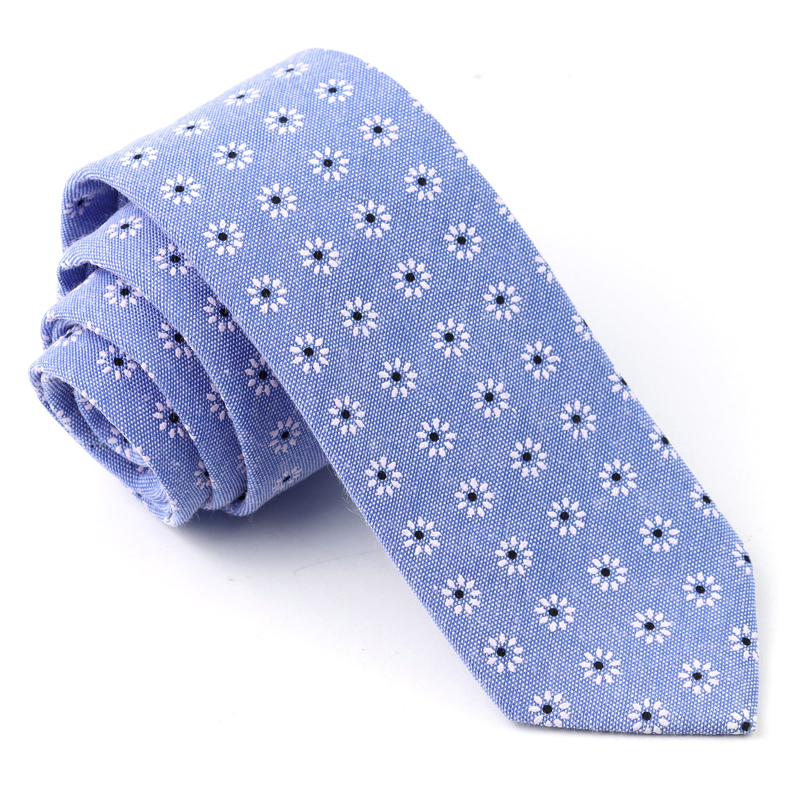 Light Blue Daisy Floral Skinny Cotton Necktie