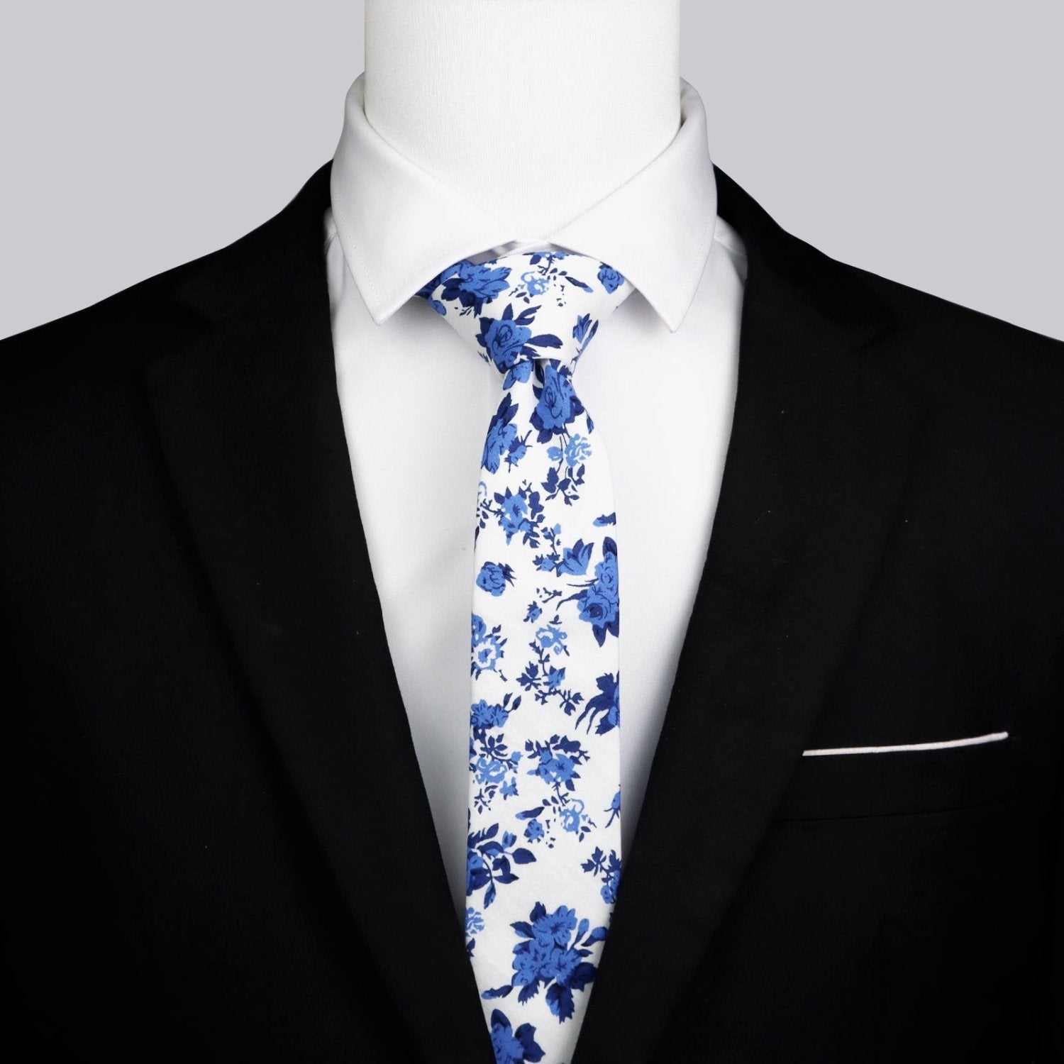 White Base Blue Floral Rose Skinny Cotton Tie