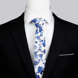 White Base Blue Floral Rose Skinny Cotton Tie