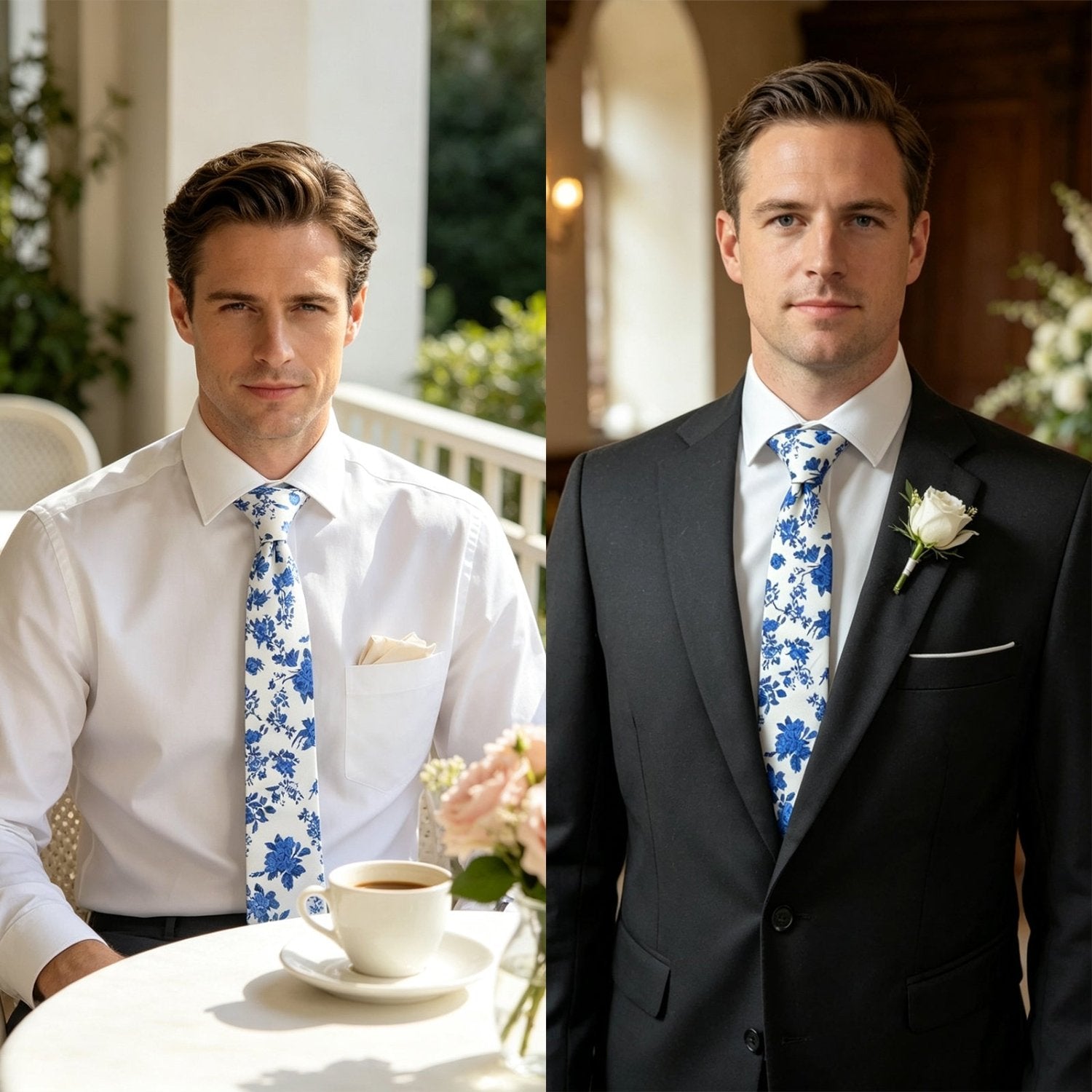White Base Blue Floral Rose Skinny Cotton Tie