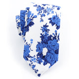 White Base Blue Floral Rose Skinny Cotton Tie