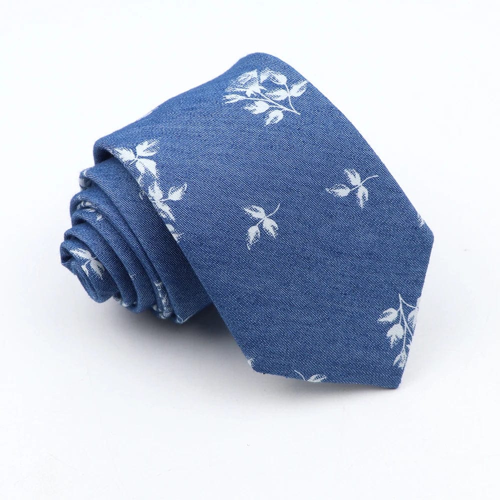 ZONFAZ Blue Cotton Denim Ties For Men Skinny Floral Neckties