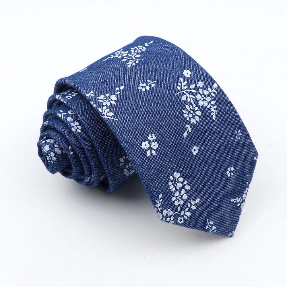 ZONFAZ Blue Cotton Denim Ties For Men Skinny Floral Neckties