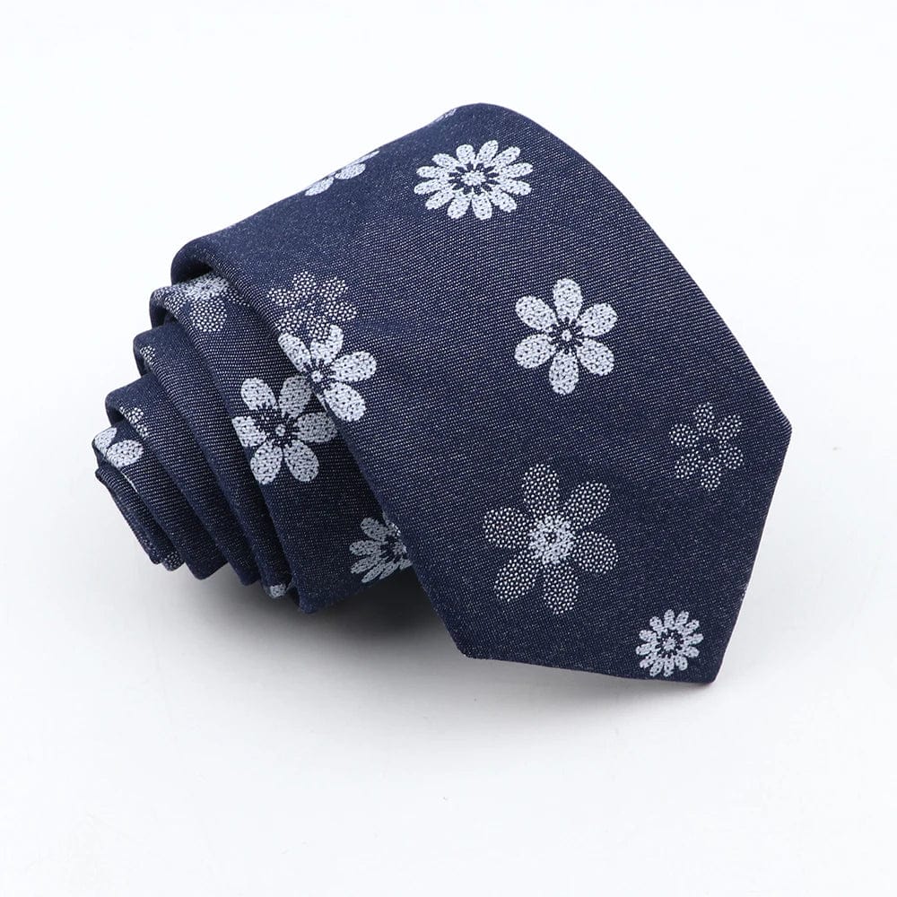 ZONFAZ Blue Cotton Denim Ties For Men Skinny Floral Neckties