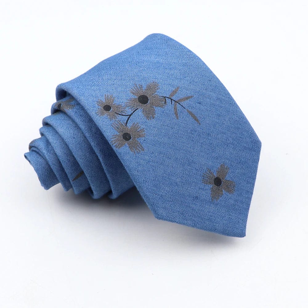 ZONFAZ Blue Cotton Denim Ties For Men Skinny Floral Neckties