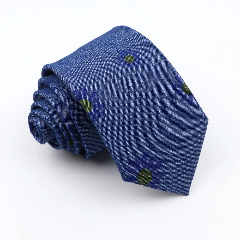 ZONFAZ Blue Cotton Denim Ties For Men Skinny Floral Neckties