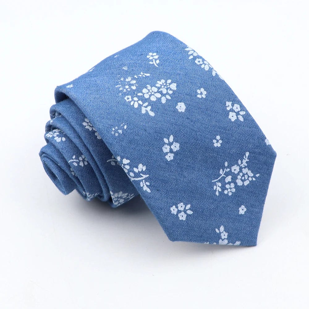 ZONFAZ Blue Cotton Denim Ties For Men Skinny Floral Neckties